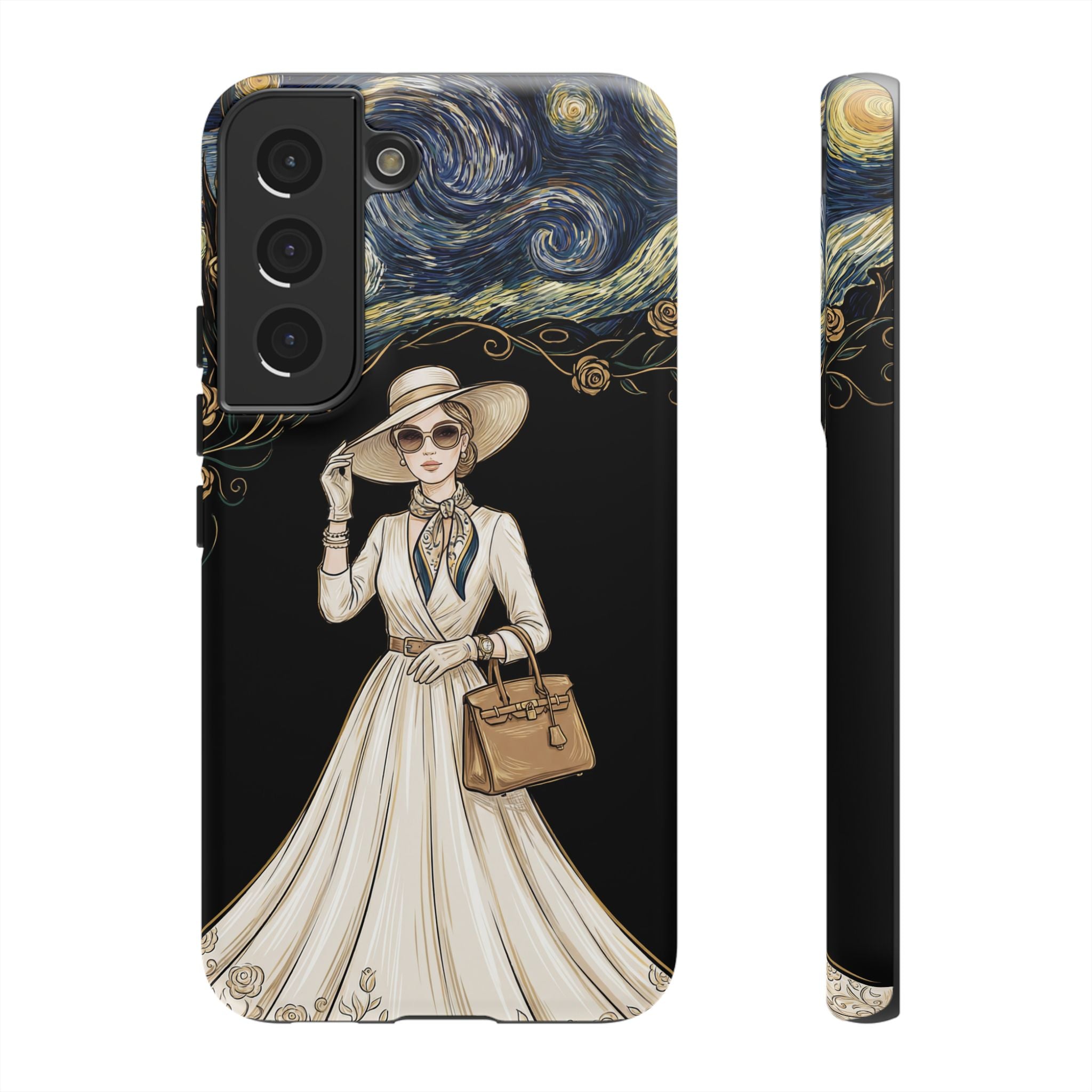 Vintage Starry Night Fashion Samsung Galaxy Phone Case | Elegant Lady in White Dress