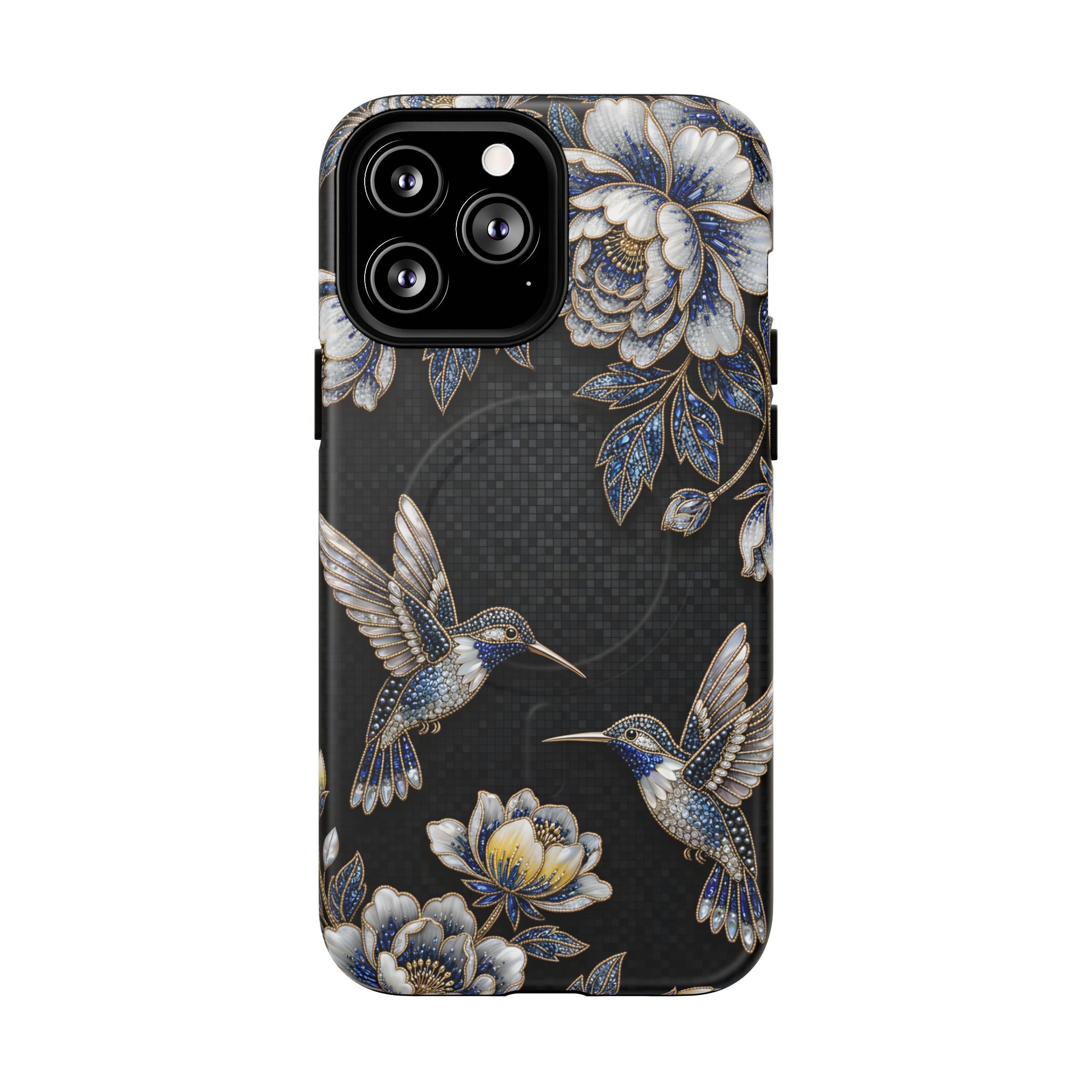 Hummingbird & Peony Floral MagSafe iPhone Case | Elegant Black Protective Cover