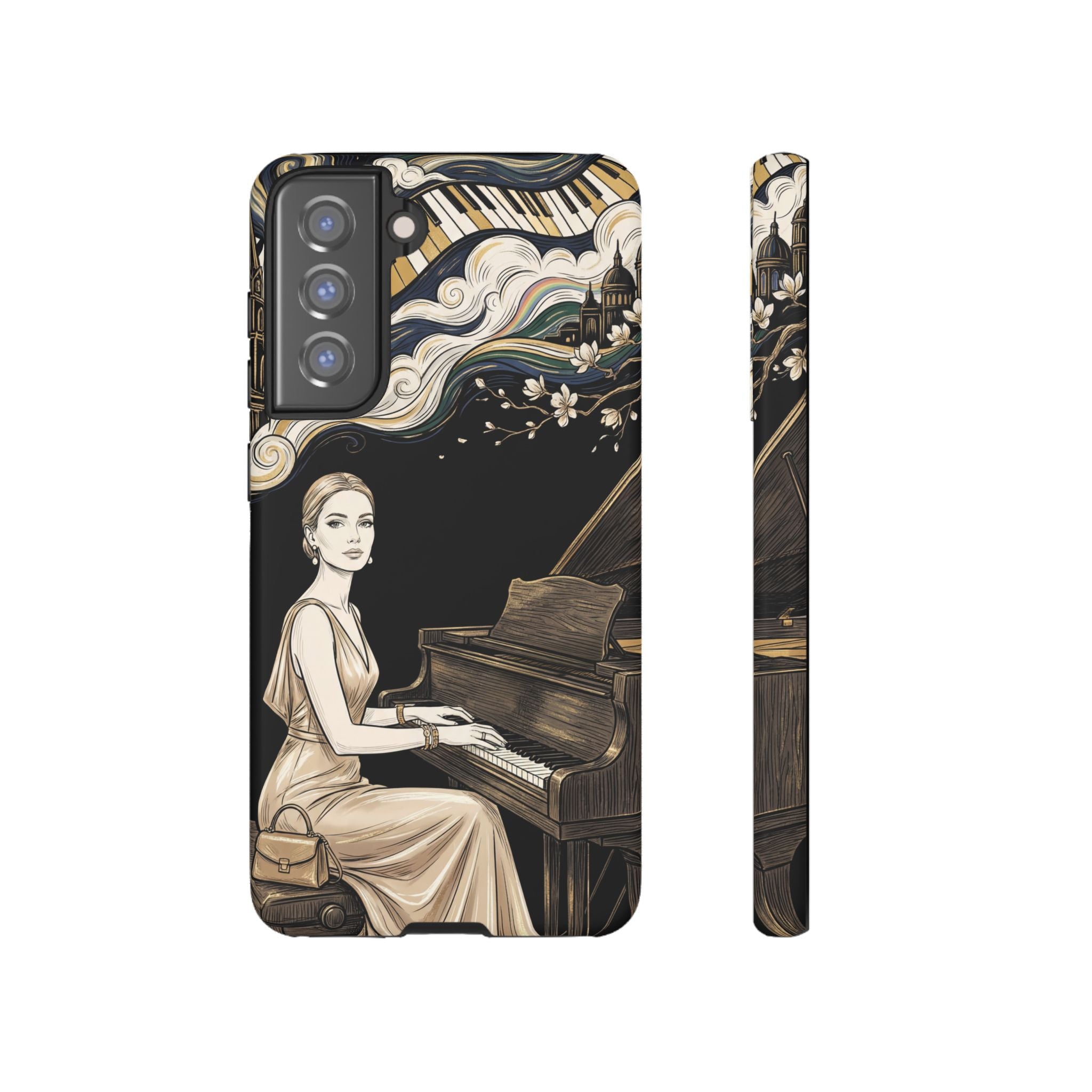 Elegant Piano Woman Samsung Galaxy Phone Case | Vintage Art Deco Music Design