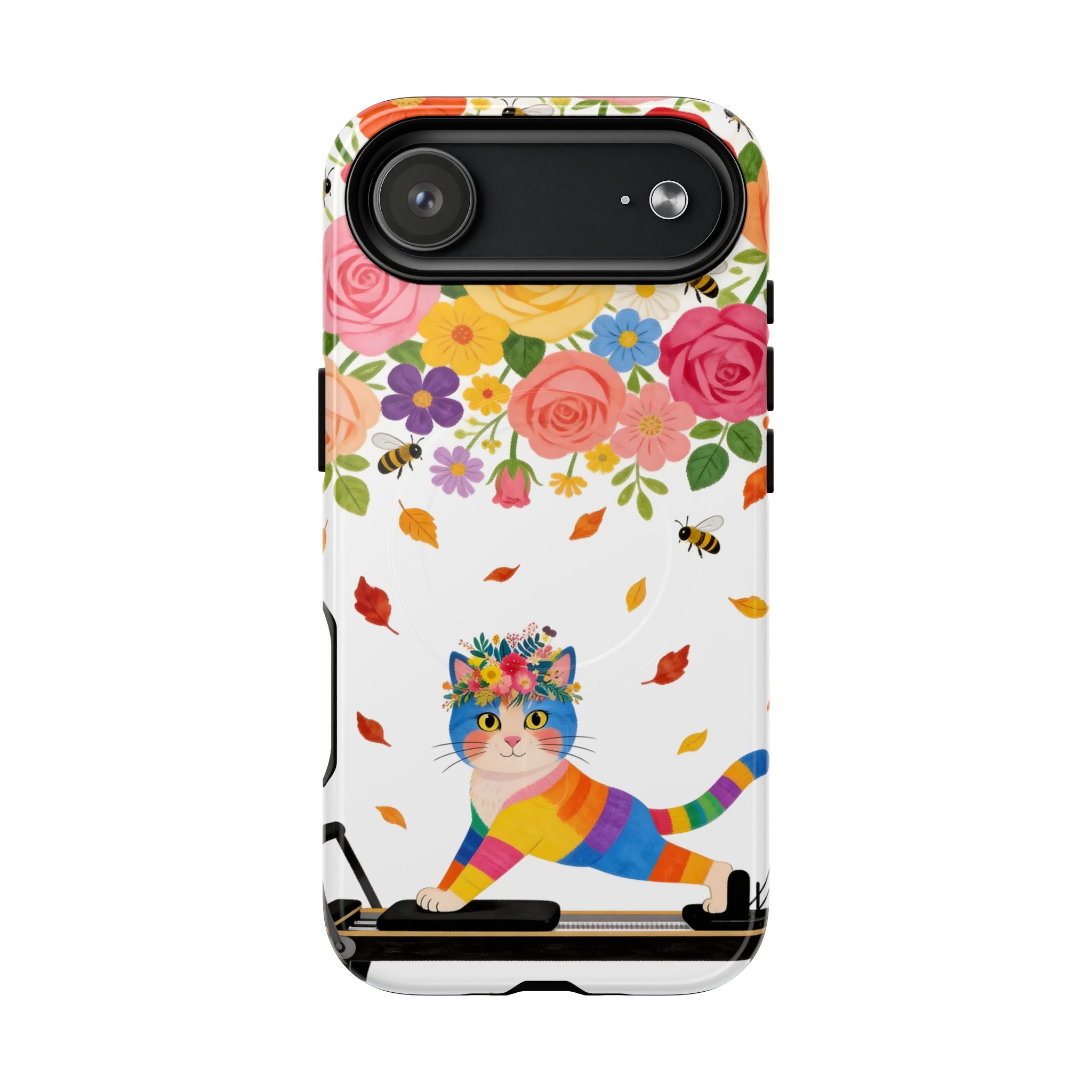 Floral Rainbow Cat Tough MagSafe iPhone Case — Colorful Pilates Cat Design