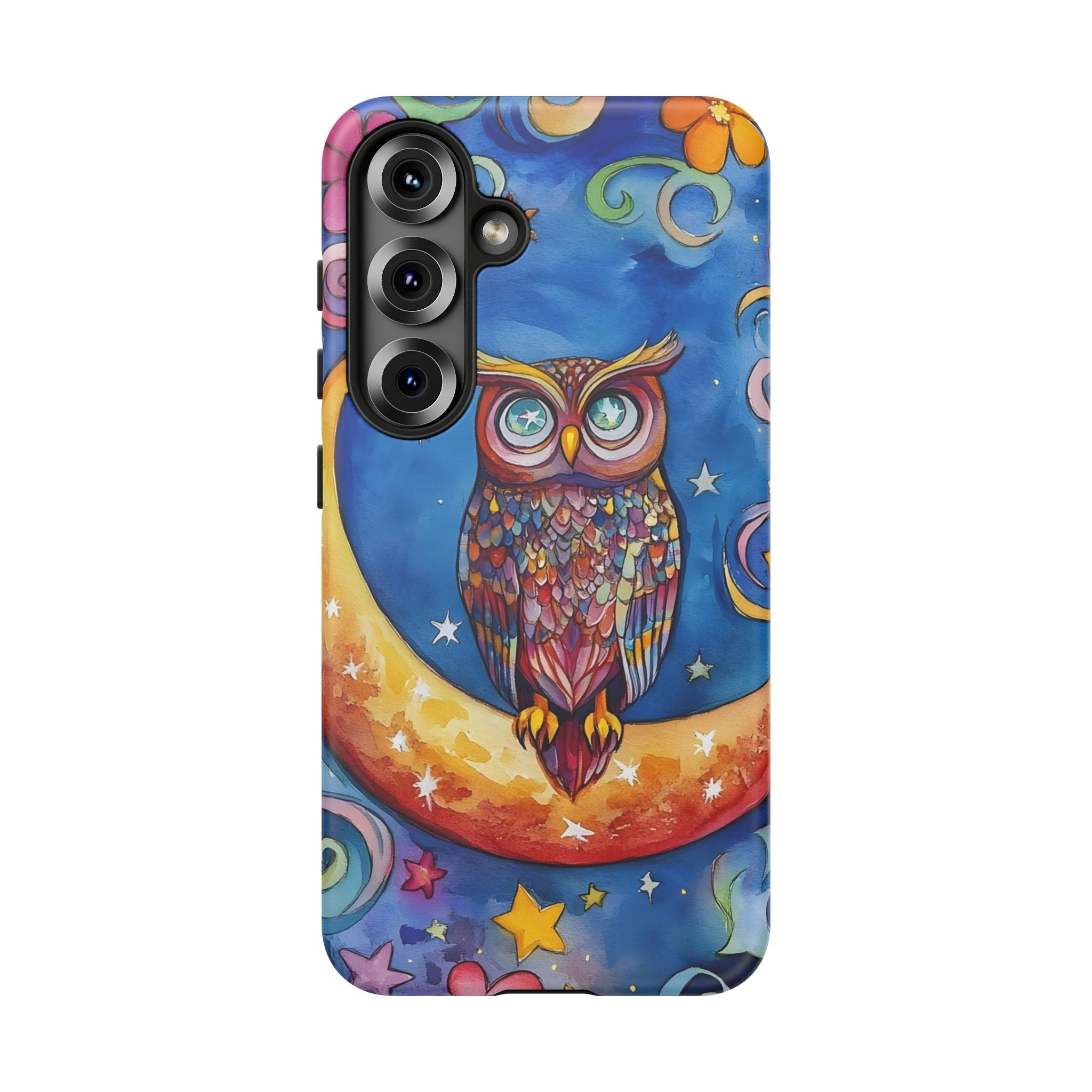 Owl on Crescent Moon Samsung Galaxy Case — Colourful Whimsical Night Sky Design