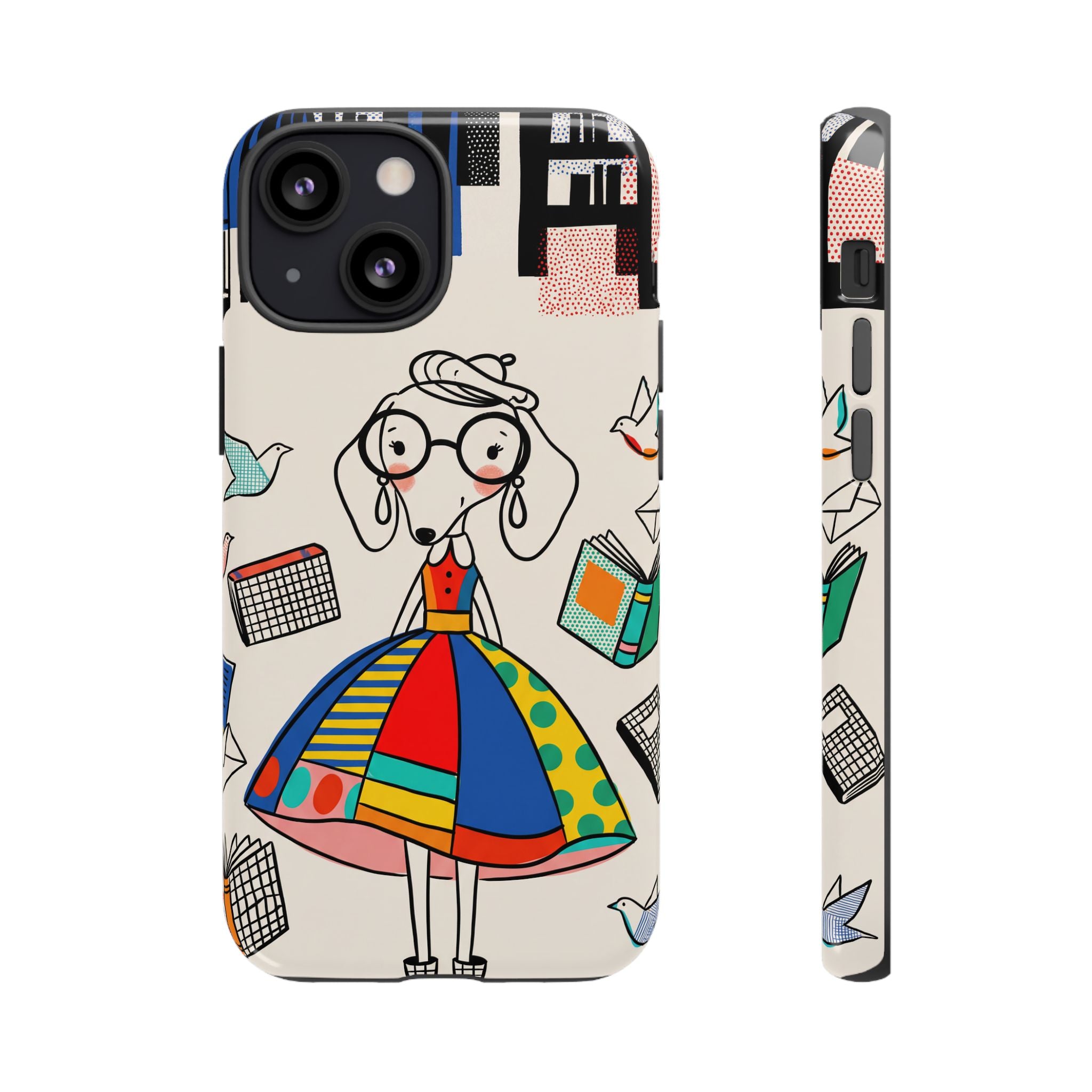Cute Dachshund Dog Illustration iPhone Case | Colorful Whimsical Book & Bird Design
