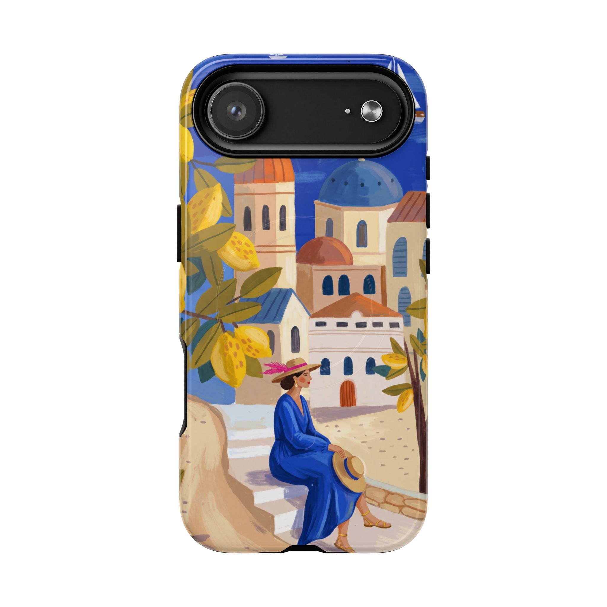Mediterranean Village MagSafe iPhone Case | Scenic Sailboat & Lemon Grove Design