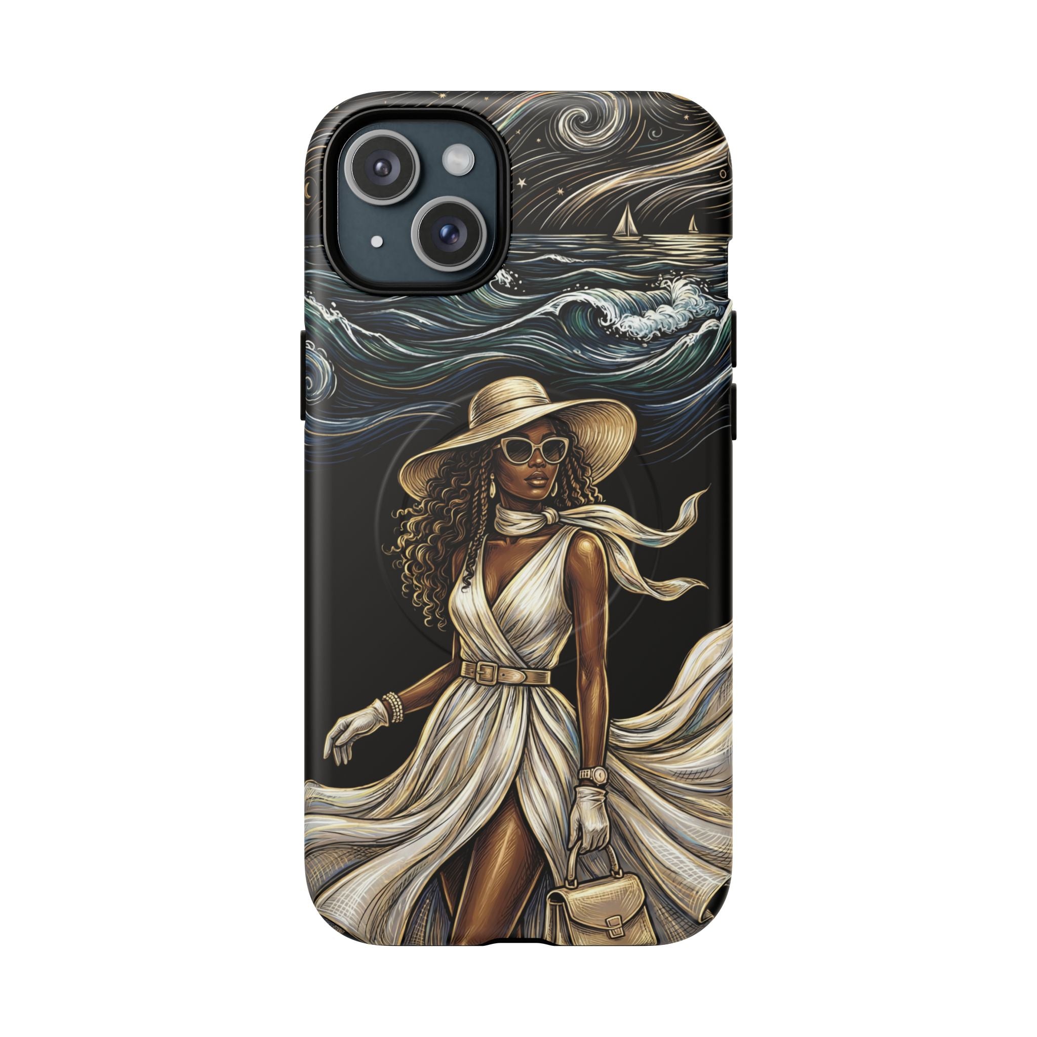 MagSafe iPhone Case | Elegant Black Woman in Flowing Dress by the Sea