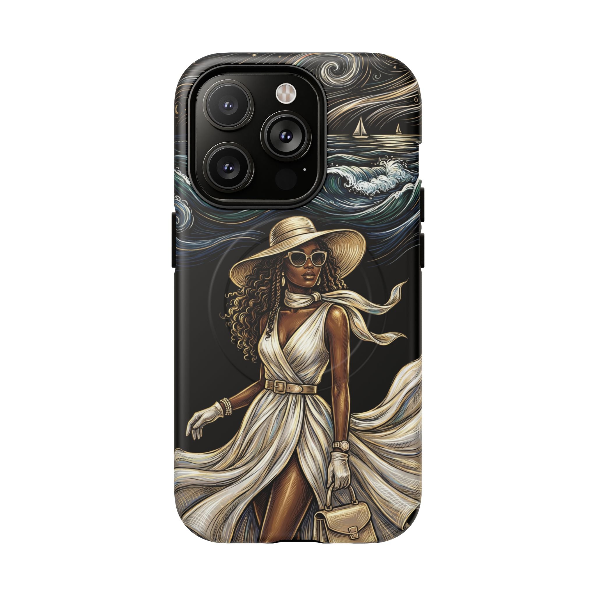 MagSafe iPhone Case | Elegant Black Woman in Flowing Dress by the Sea