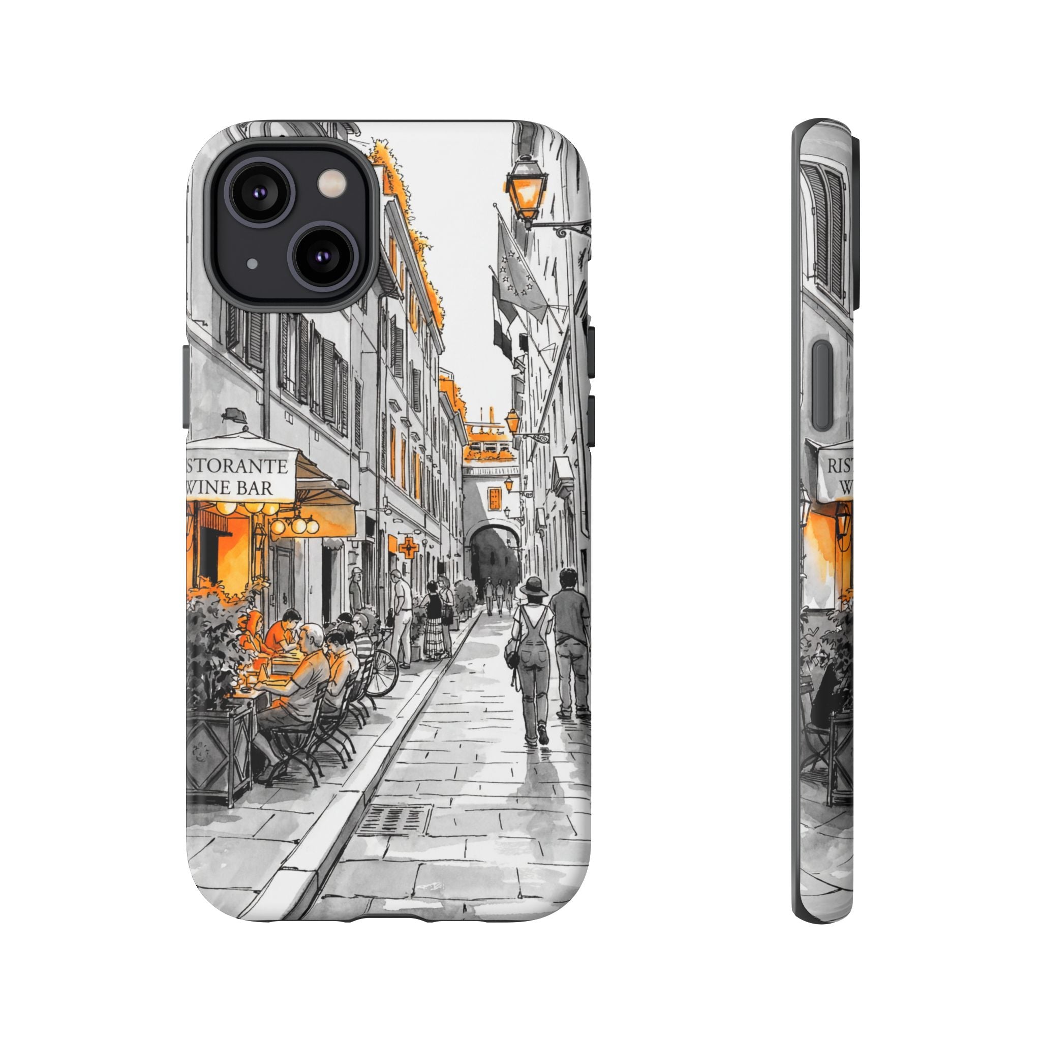 Vintage Italy Street iPhone Case | Black & White Sketch with Orange Accent