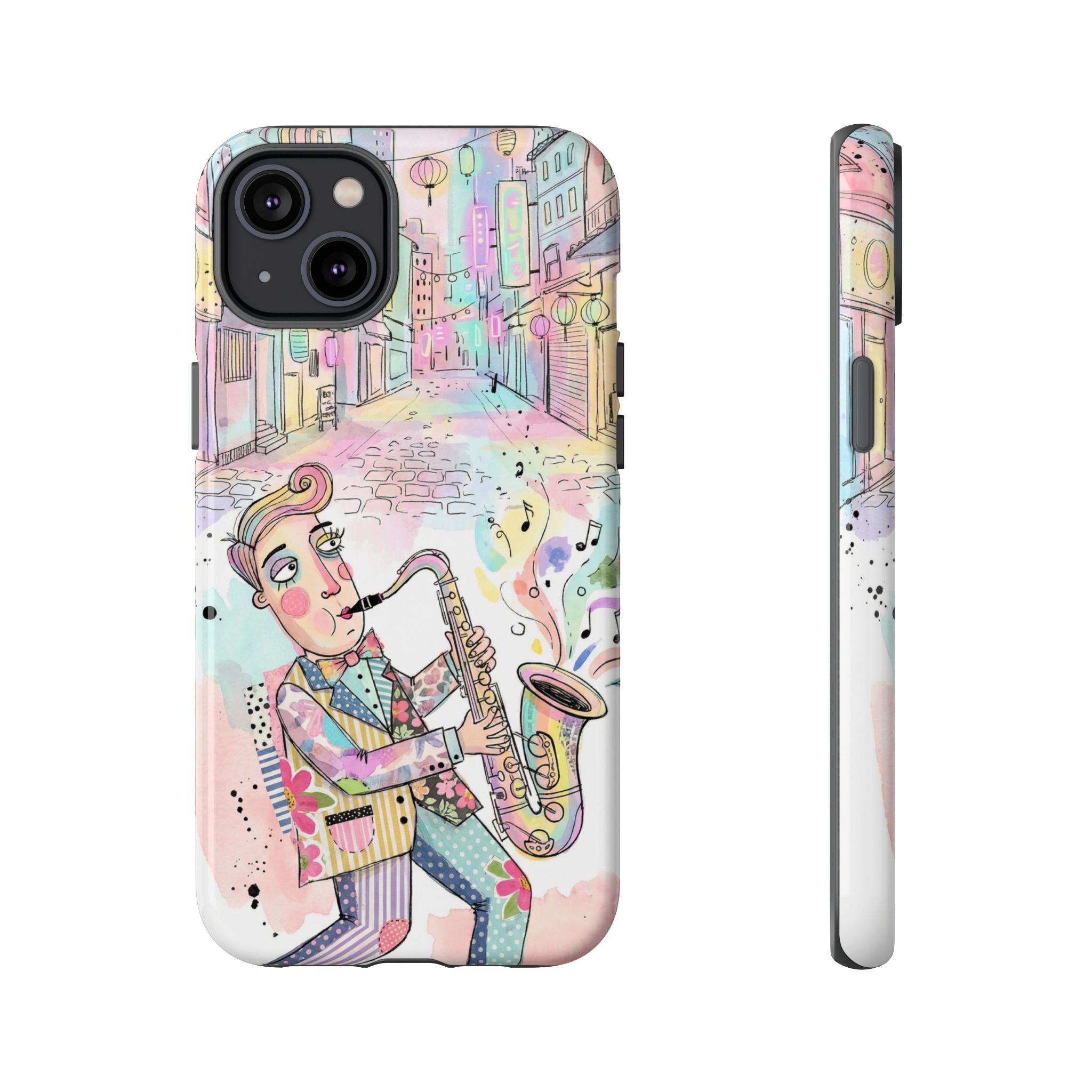 Sax Player Art iPhone Case | Pastel Jazz Street Illustration