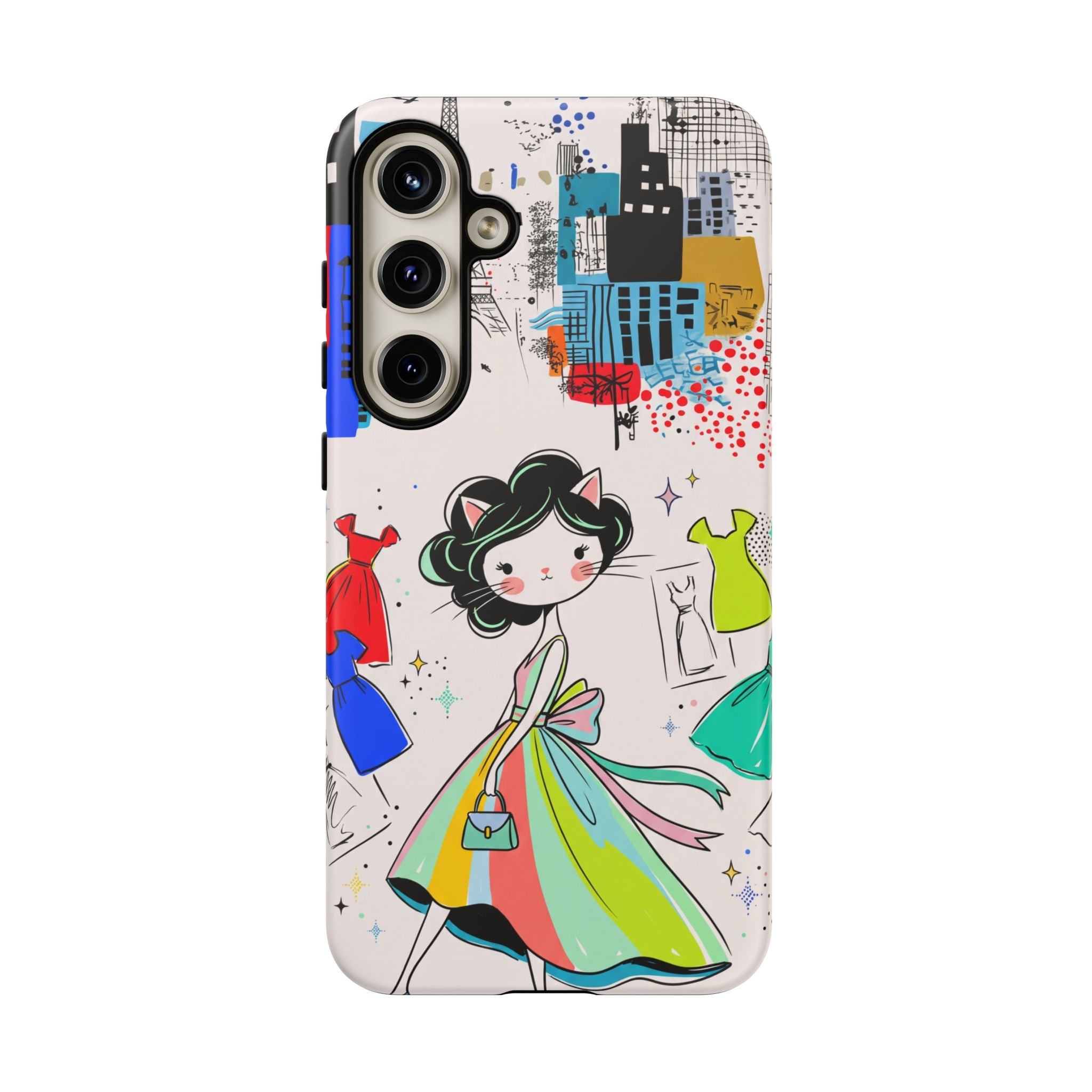 Retro Fashion Cat Girl Samsung Galaxy Phone Case | Cute Dress & City Print
