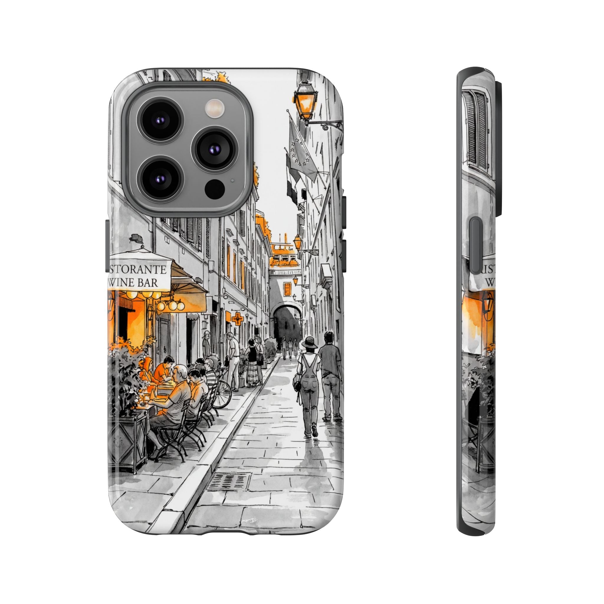 Vintage Italy Street iPhone Case | Black & White Sketch with Orange Accent