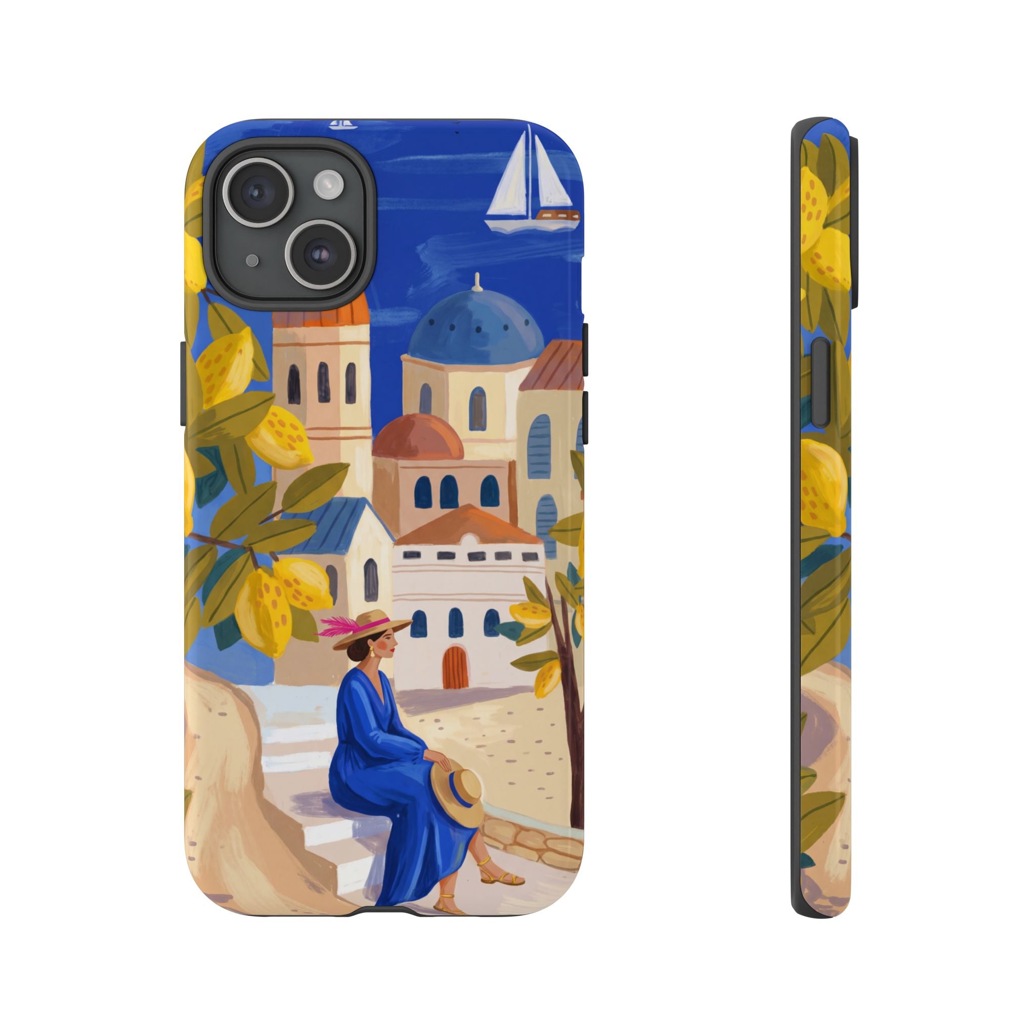 Mediterranean Village iPhone Case | Scenic Sailboat & Lemon Grove Design