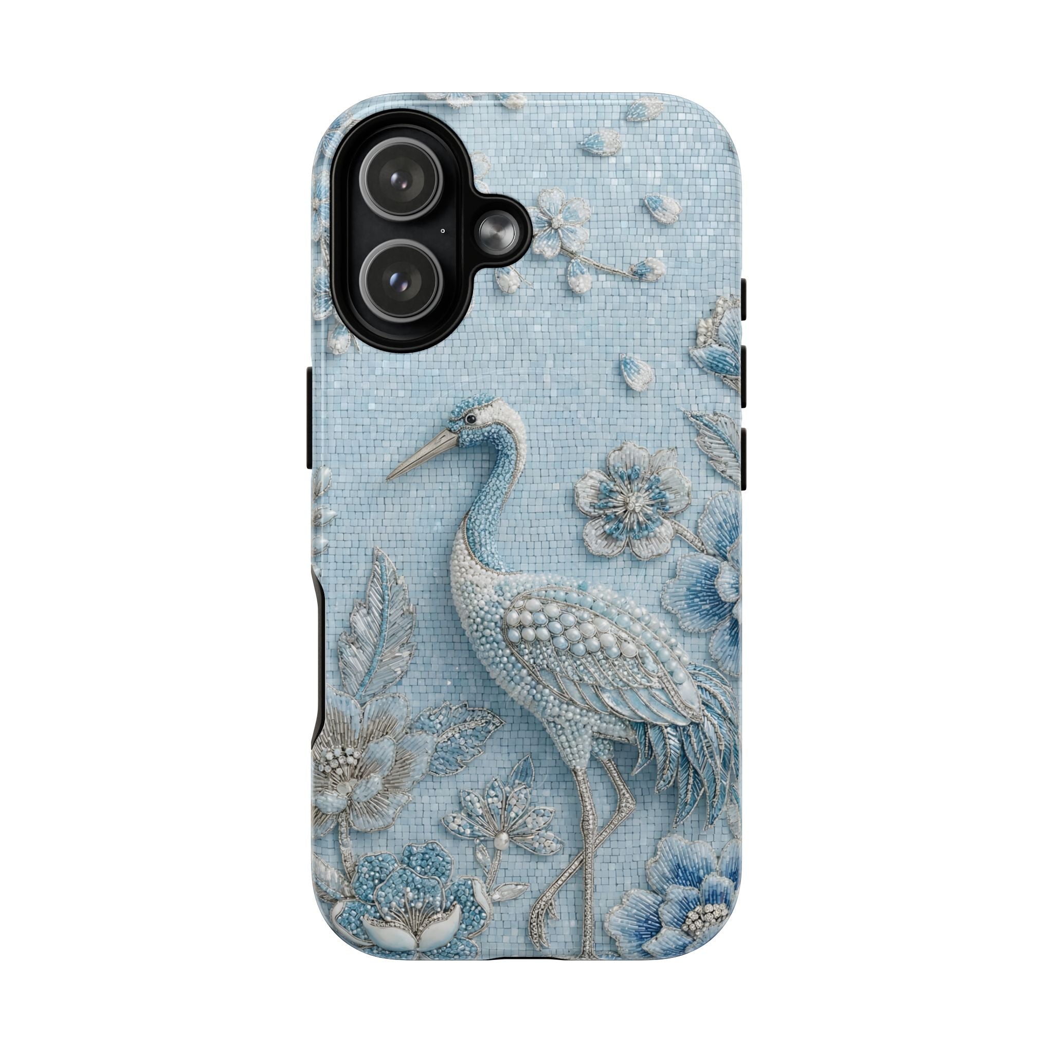 Blue Crane Floral MagSafe iPhone Case | Vintage Embossed Bird Design