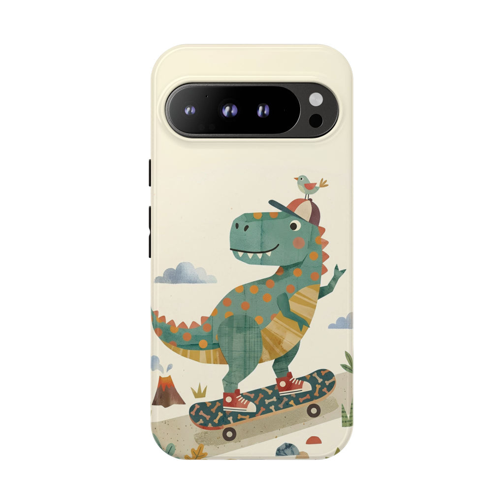 Cute Skateboarding Dinosaur Tough Google Pixel Phone Case | Vintage Kid Aesthetic T Rex Cover