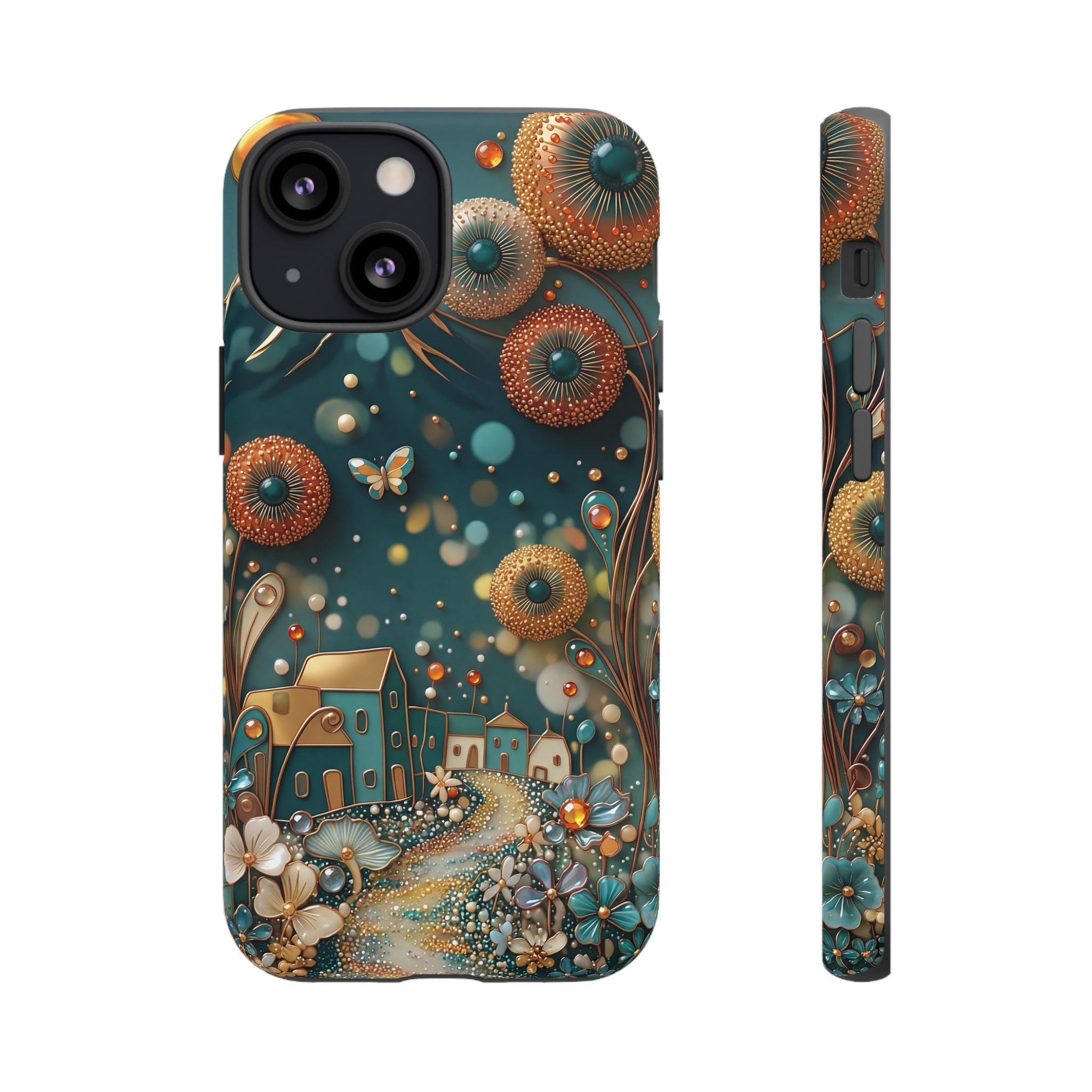 Whimsical Night Village iPhone Case | Floral Moonlit Art Tough Case