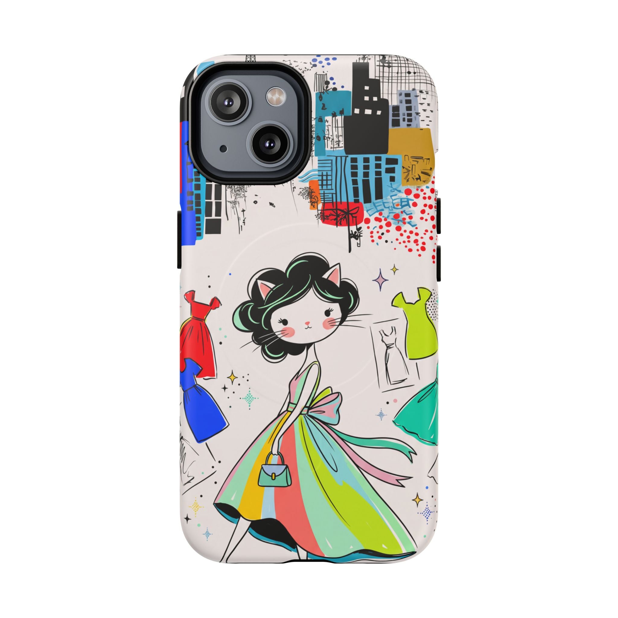 Retro Fashion Cat Girl MagSafe iPhone Case | Cute Dress & City Print