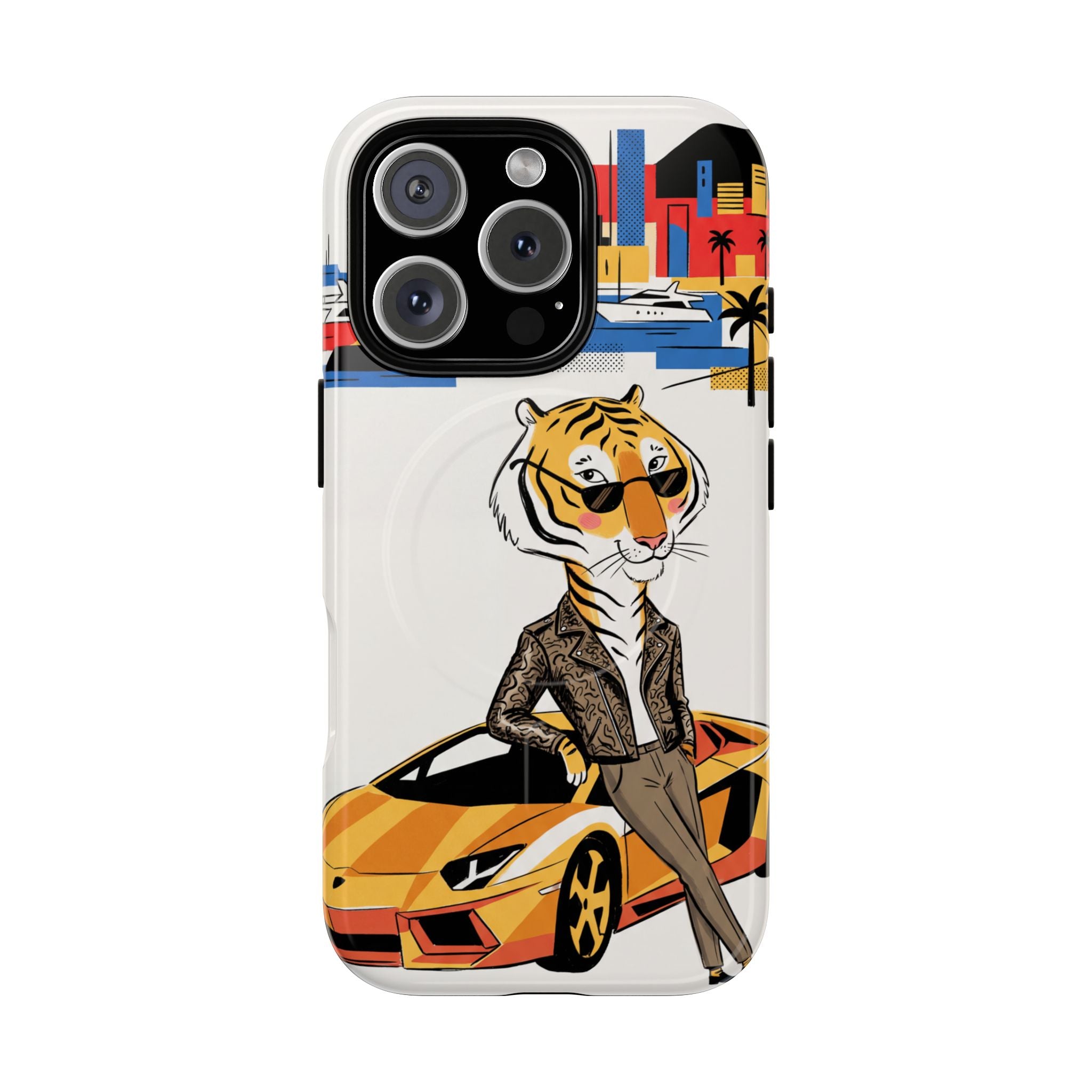 Stylish Tiger with Sports Car Illustration MagSafe iPhone Case