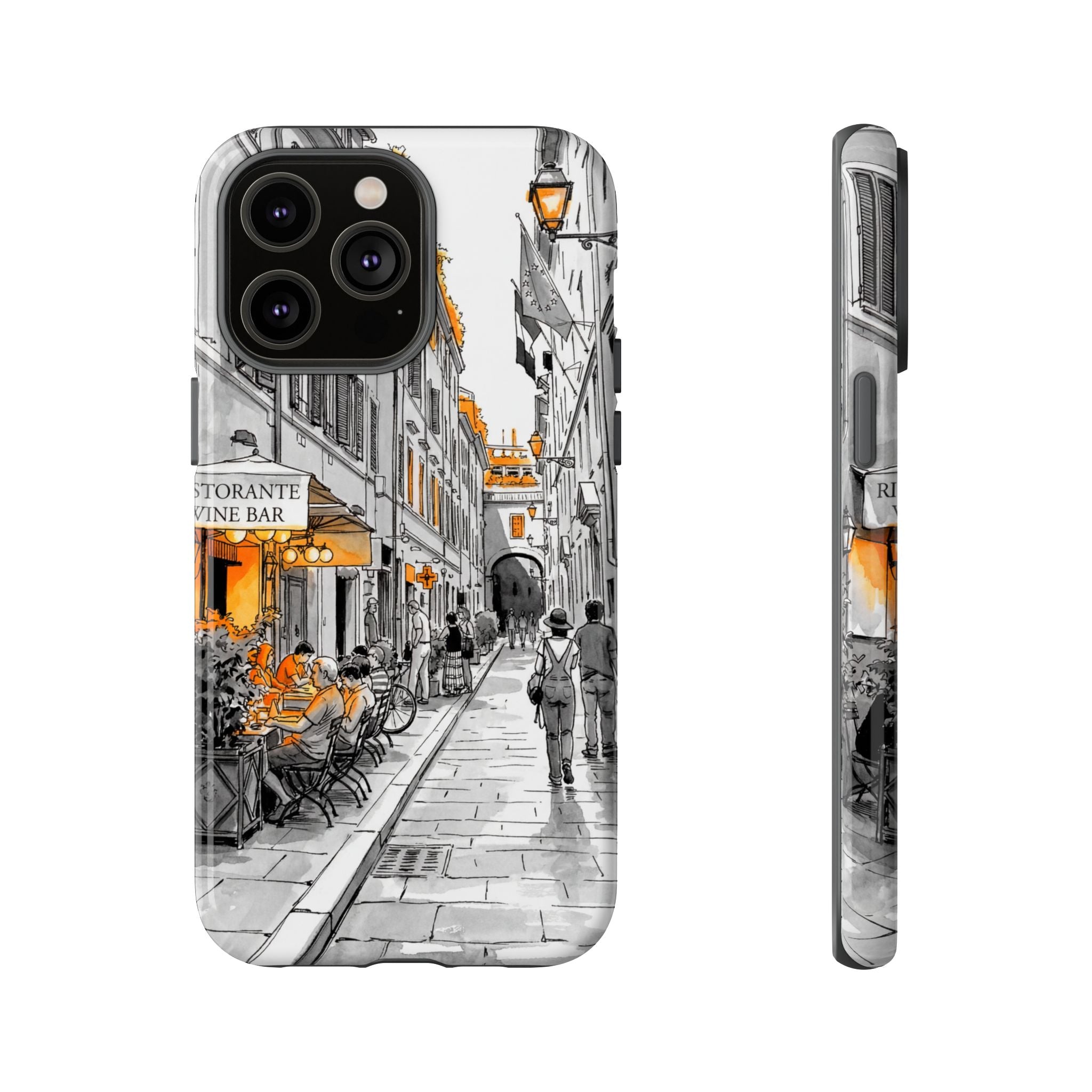 Vintage Italy Street iPhone Case | Black & White Sketch with Orange Accent