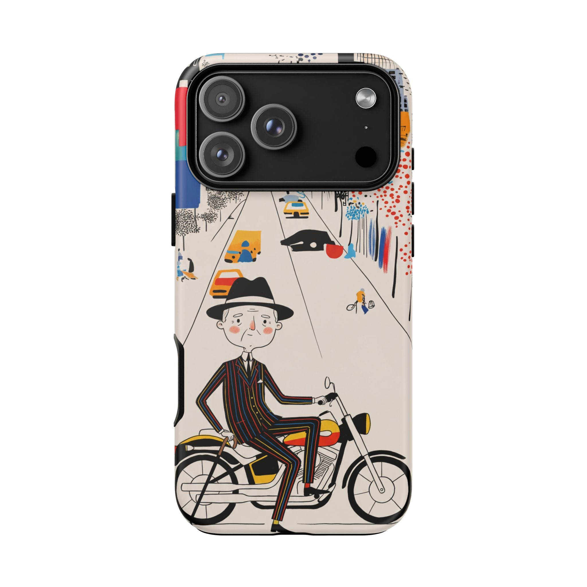 Vintage Grandpa Rider Motorcycle iPhone Case | Illustrated Cityscape