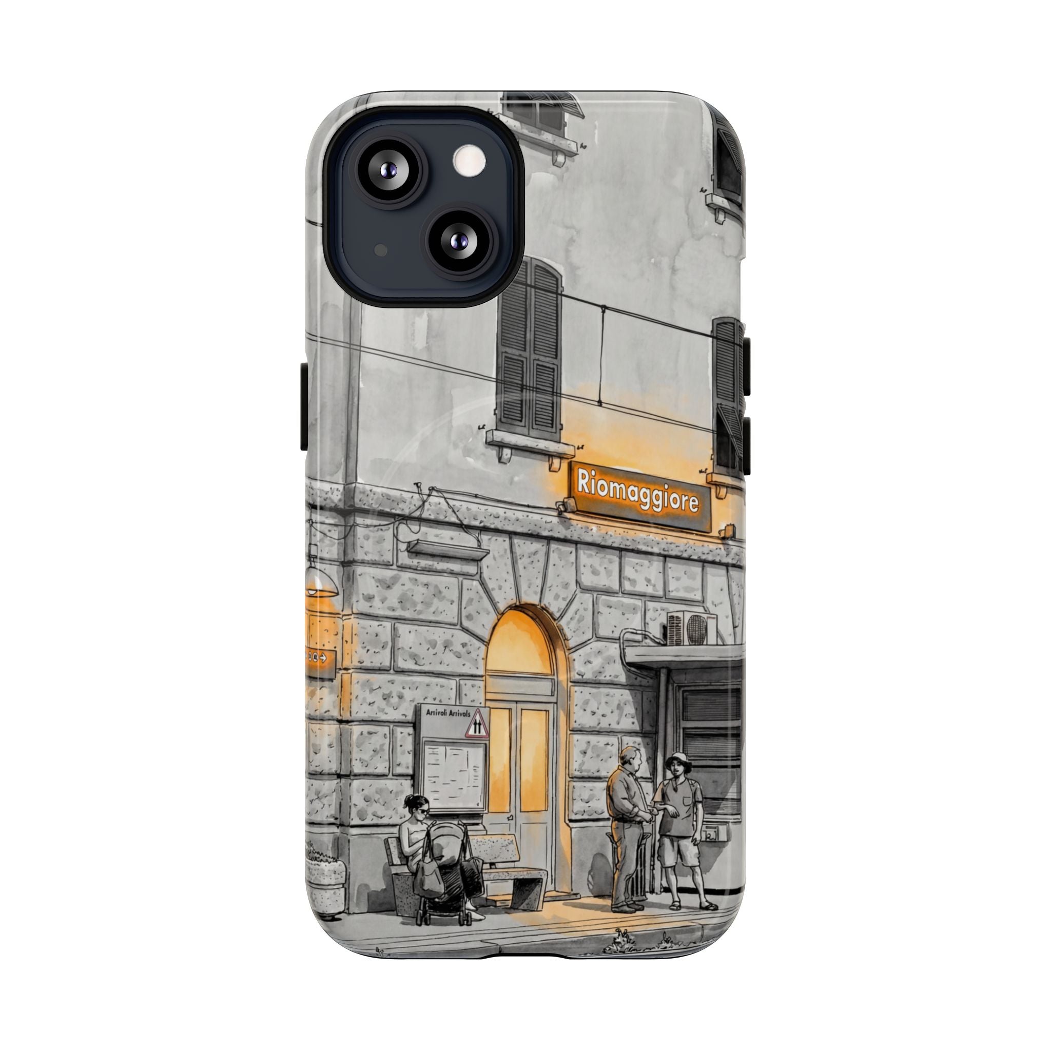 Custodia per telefono MagSafe con motivo stazione ferroviaria Cinque Terre | Schizzo in bianco e nero con accenti giallo caldo
