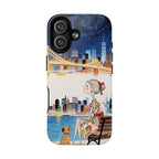 City Night MagSafe iPhone Case | Cute Girl & Dog Bench Illustration