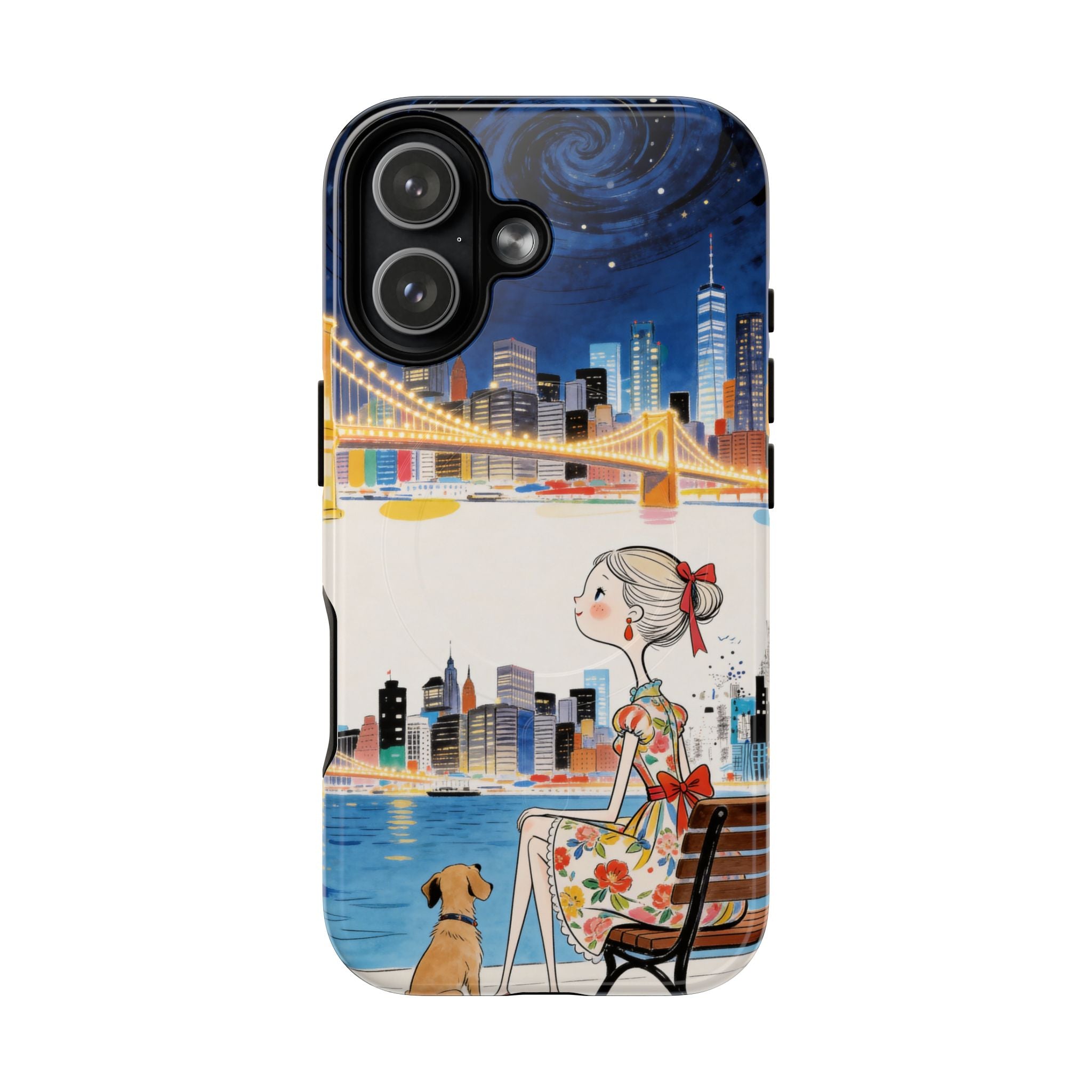 City Night MagSafe iPhone Case | Cute Girl & Dog Bench Illustration