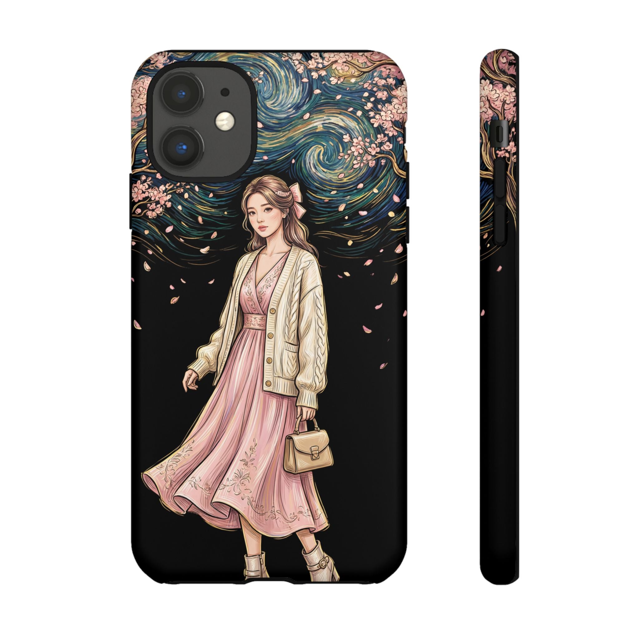 Floral Starry Night iPhone Case | Elegant Girl in Pink Dress