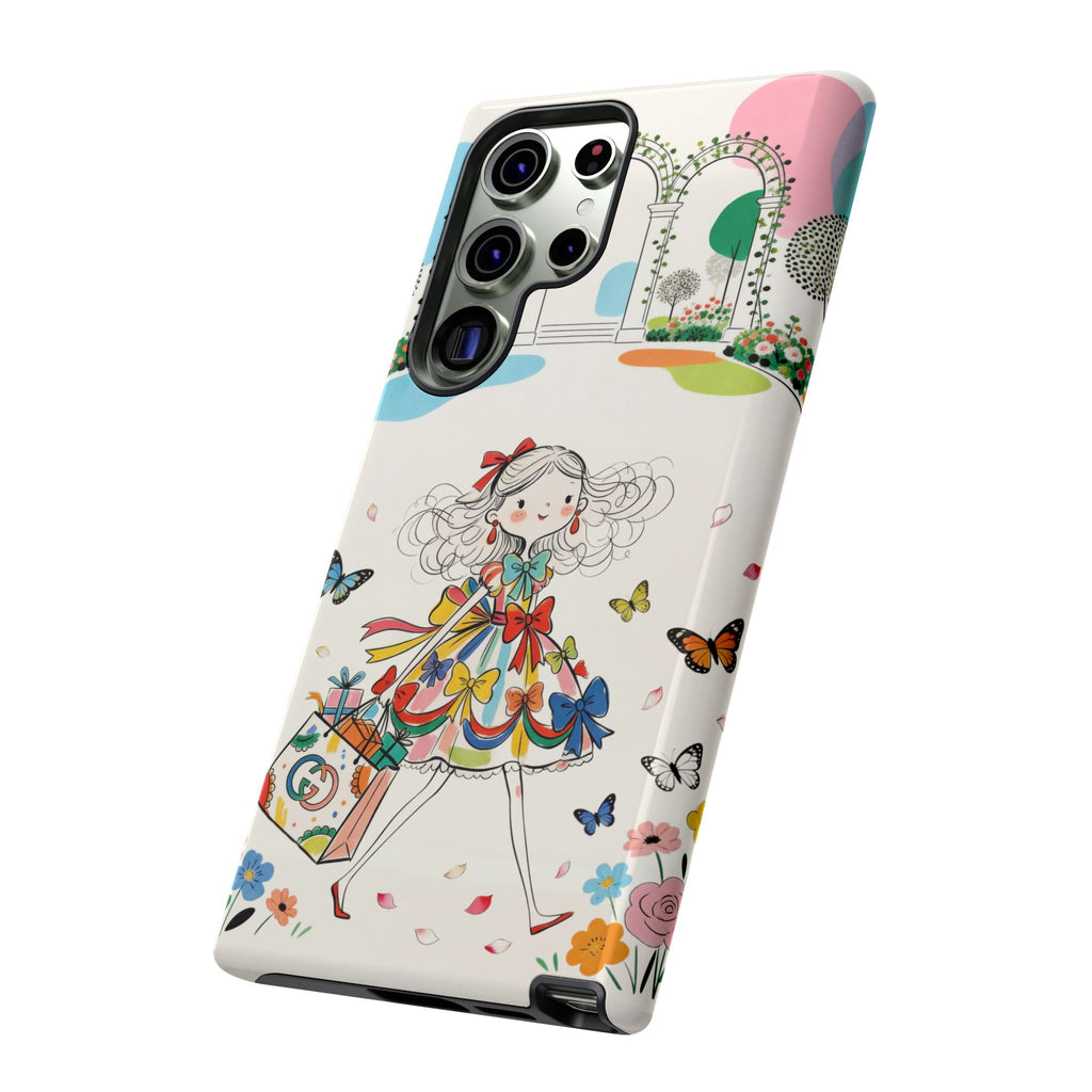 Whimsical Shopping Girl Samsung Galaxy Phone Case | Cute Floral Butterfly Tough Case