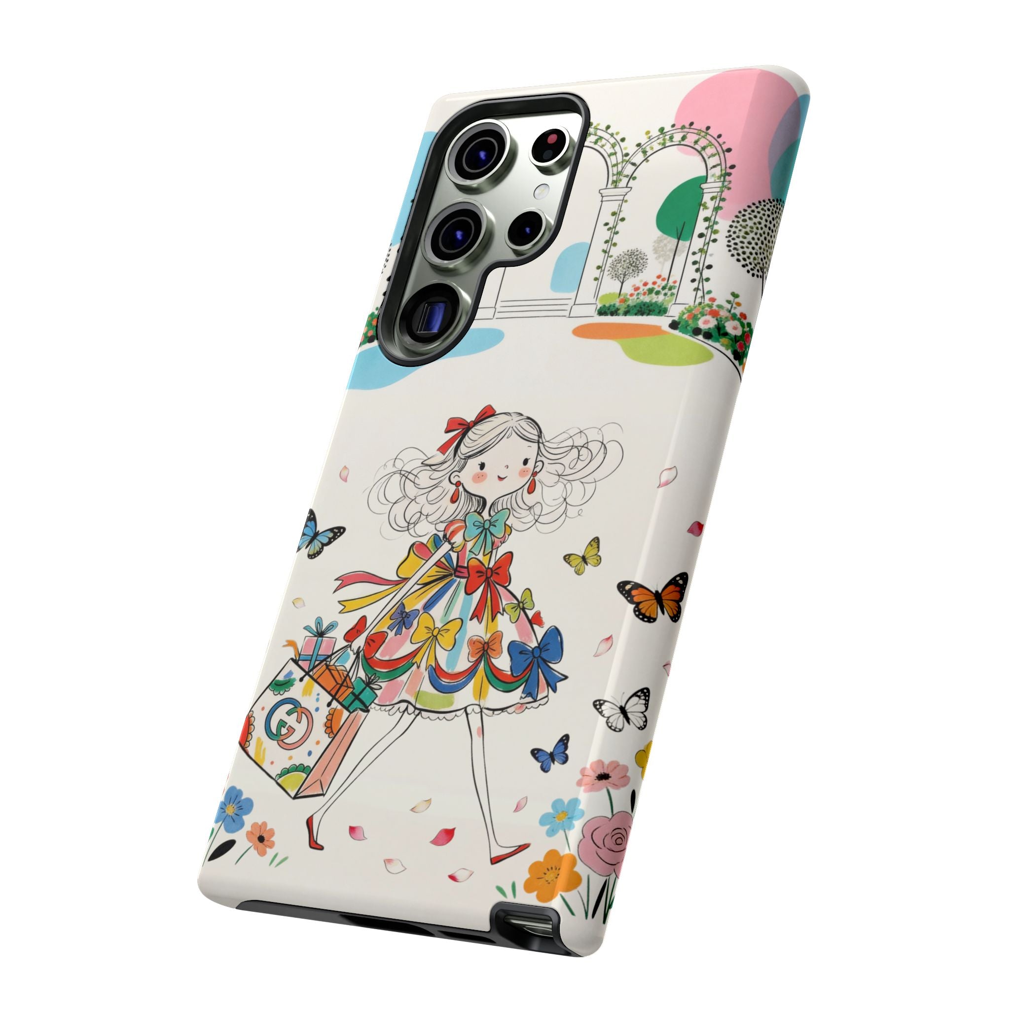 Whimsical Shopping Girl Samsung Galaxy Phone Case | Cute Floral Butterfly Tough Case