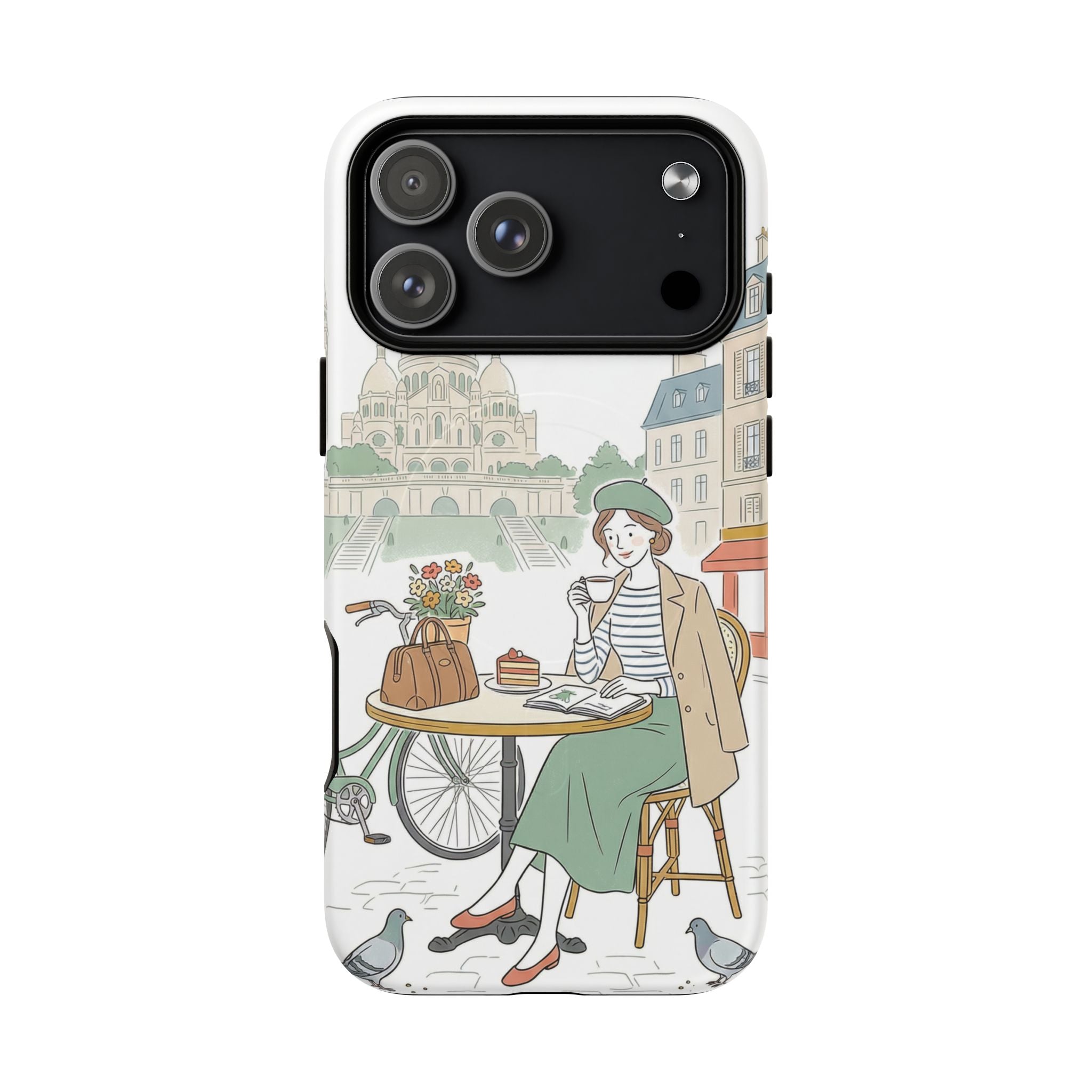 Paris Cafe Illustration MagSafe iPhone Case | Vintage Bicycles & Pigeons Protective Cover