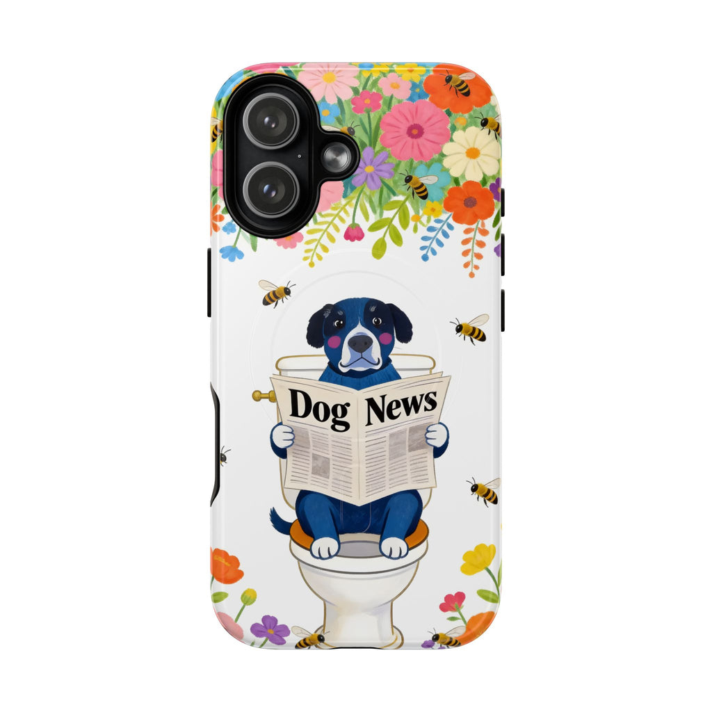 Dog News Floral MagSafe iPhone Case | Cute Dog on Toilet Pattern, Spring Floral iPhone Cover