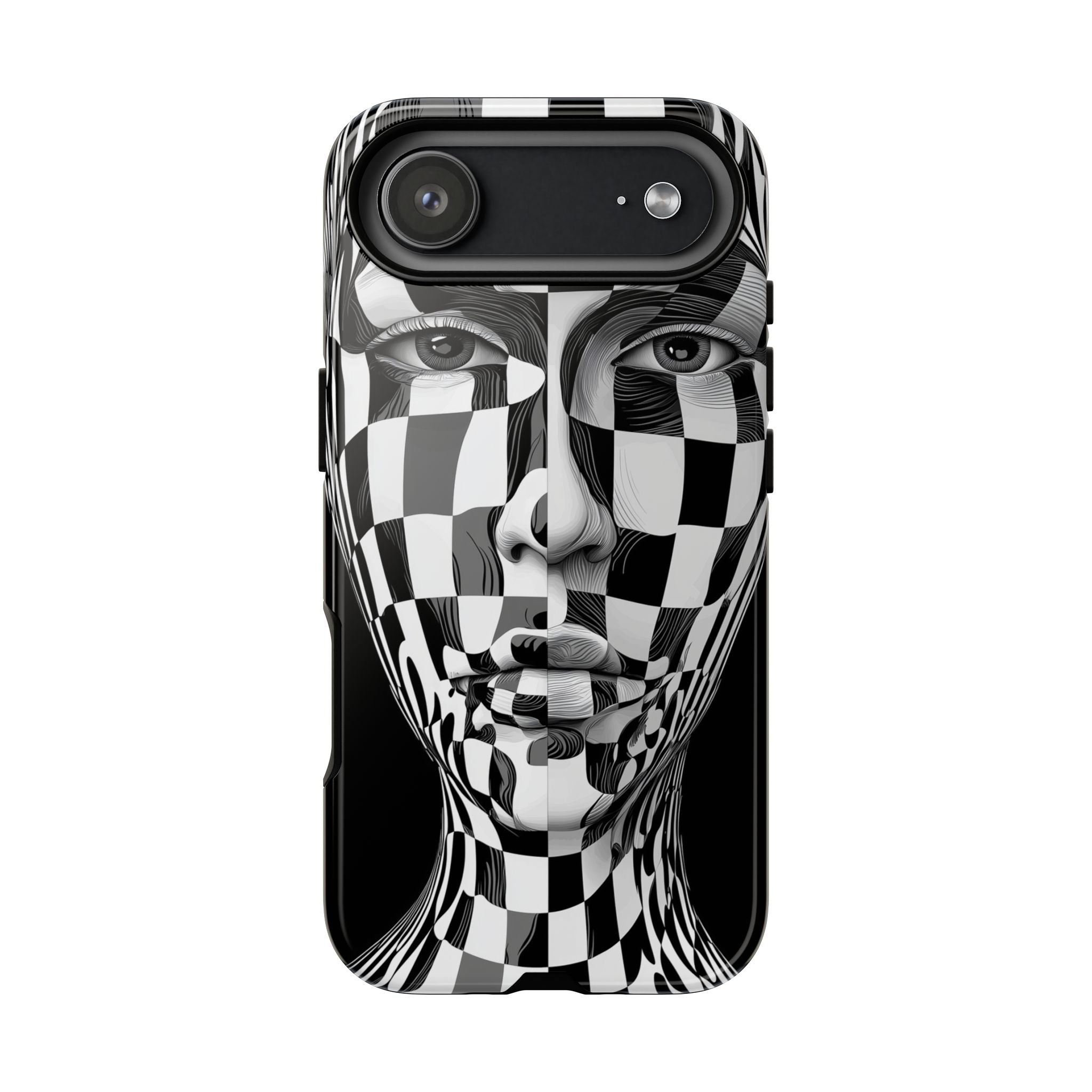 Checkerboard Face Tough iPhone Case — Black & White Surreal Art Protective Cover