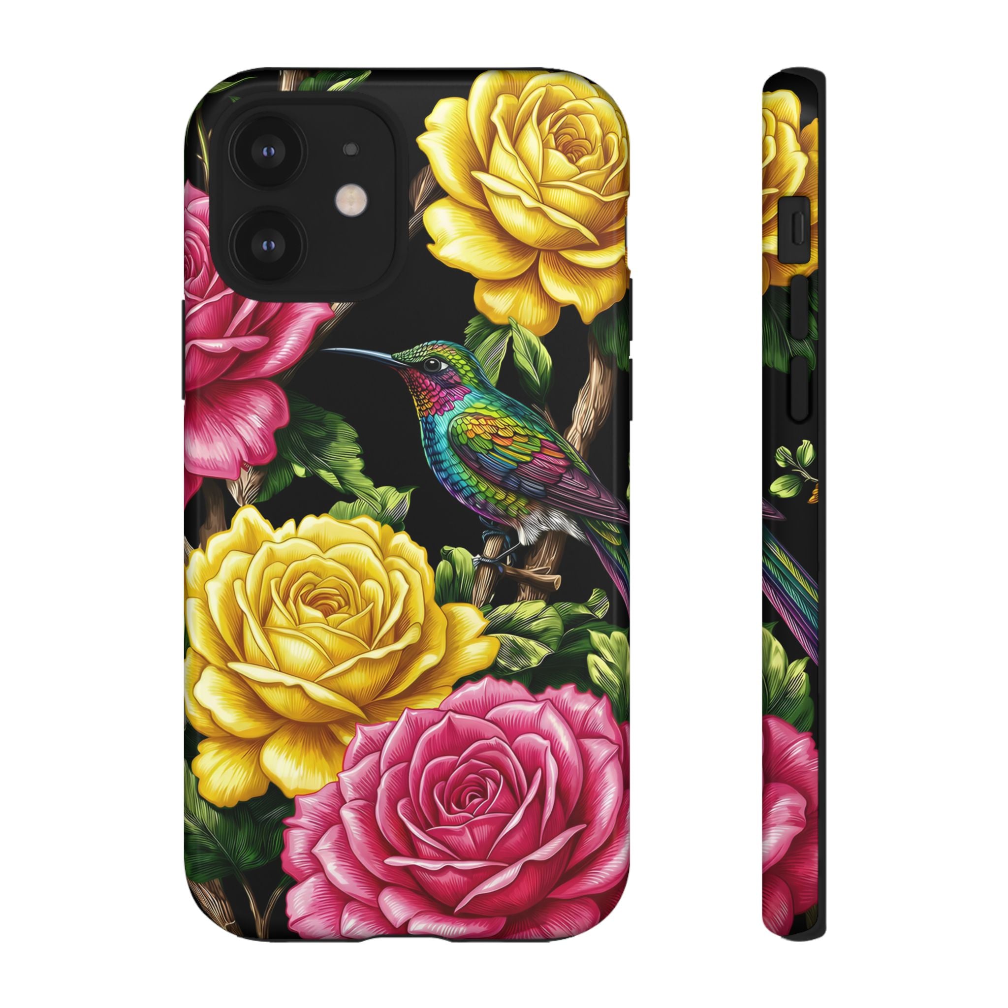 Floral Hummingbird Tough iPhone Case | Vibrant Rose & Yellow Garden Protection