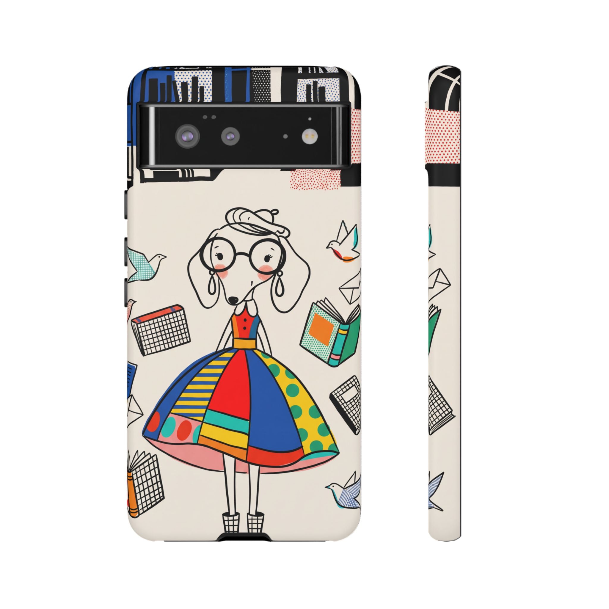 Cute Dachshund Dog Illustration Google Pixel Phone Case | Colorful Whimsical Book & Bird Design