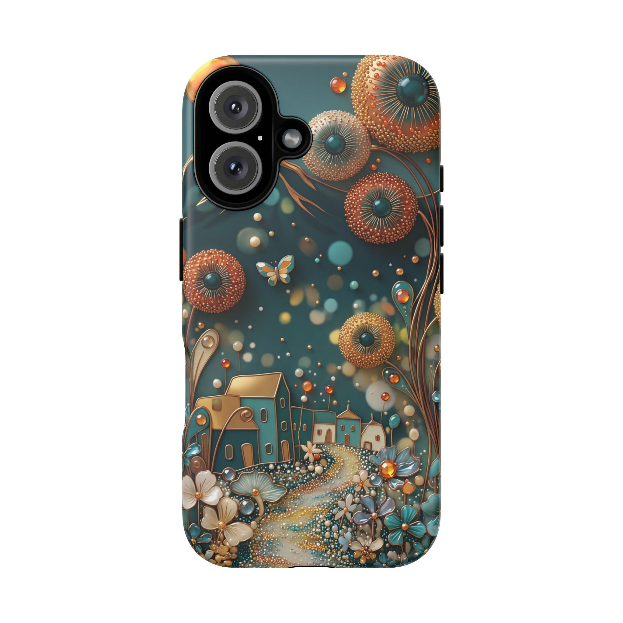 Whimsical Night Village iPhone Case | Floral Moonlit Art Tough Case