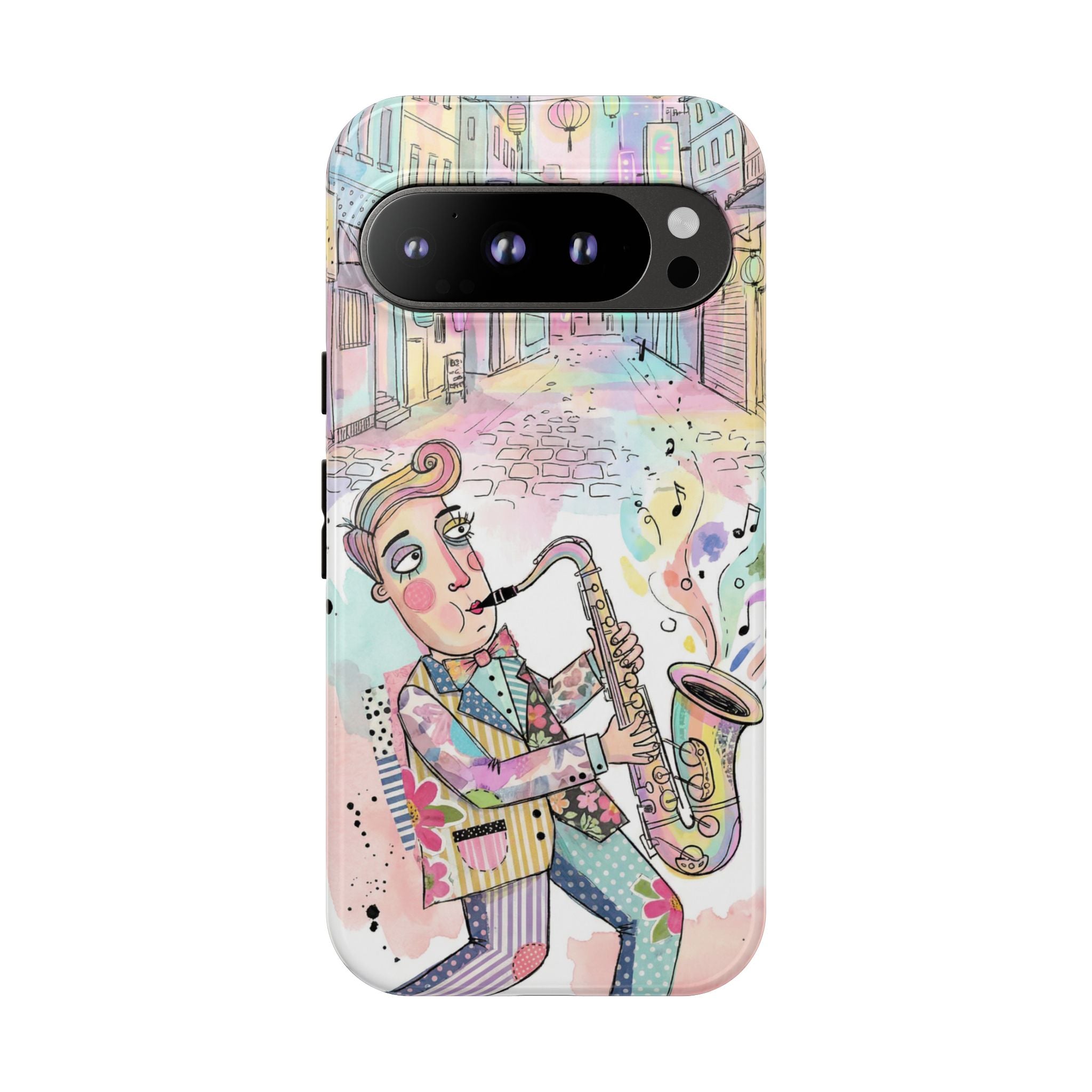 Sax Player Art Google Pixel Phone Case | Pastel Jazz Street Illustration