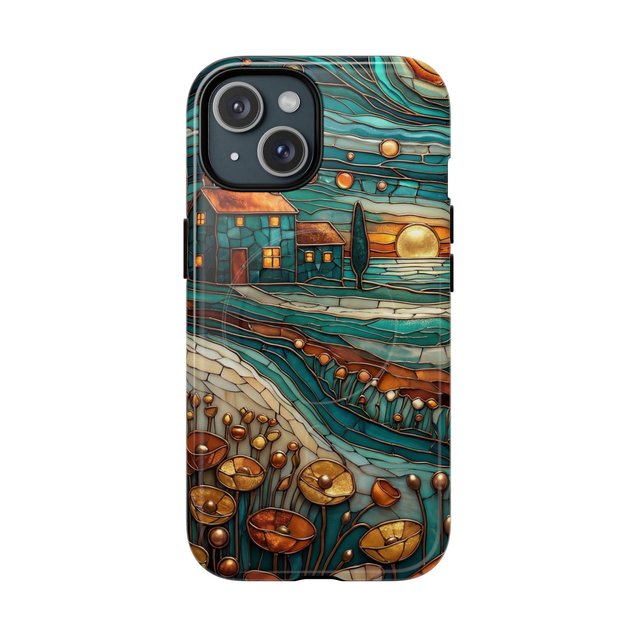 Custodia per telefono MagSafe resistente con paesaggio rustico al tramonto | Custodia protettiva artistica color verde acqua e rame