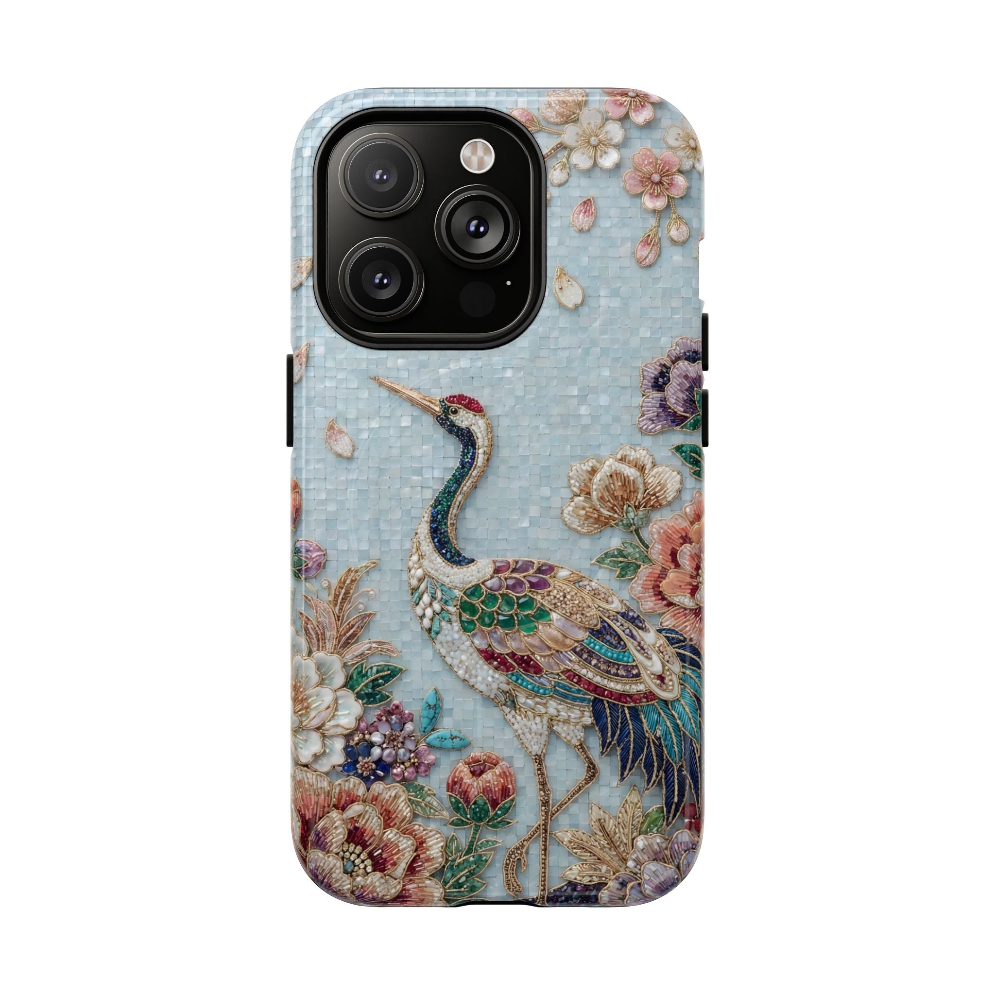Floral Crane Tough MagSafe iPhone Case | Vintage Embroidered Bird Protection