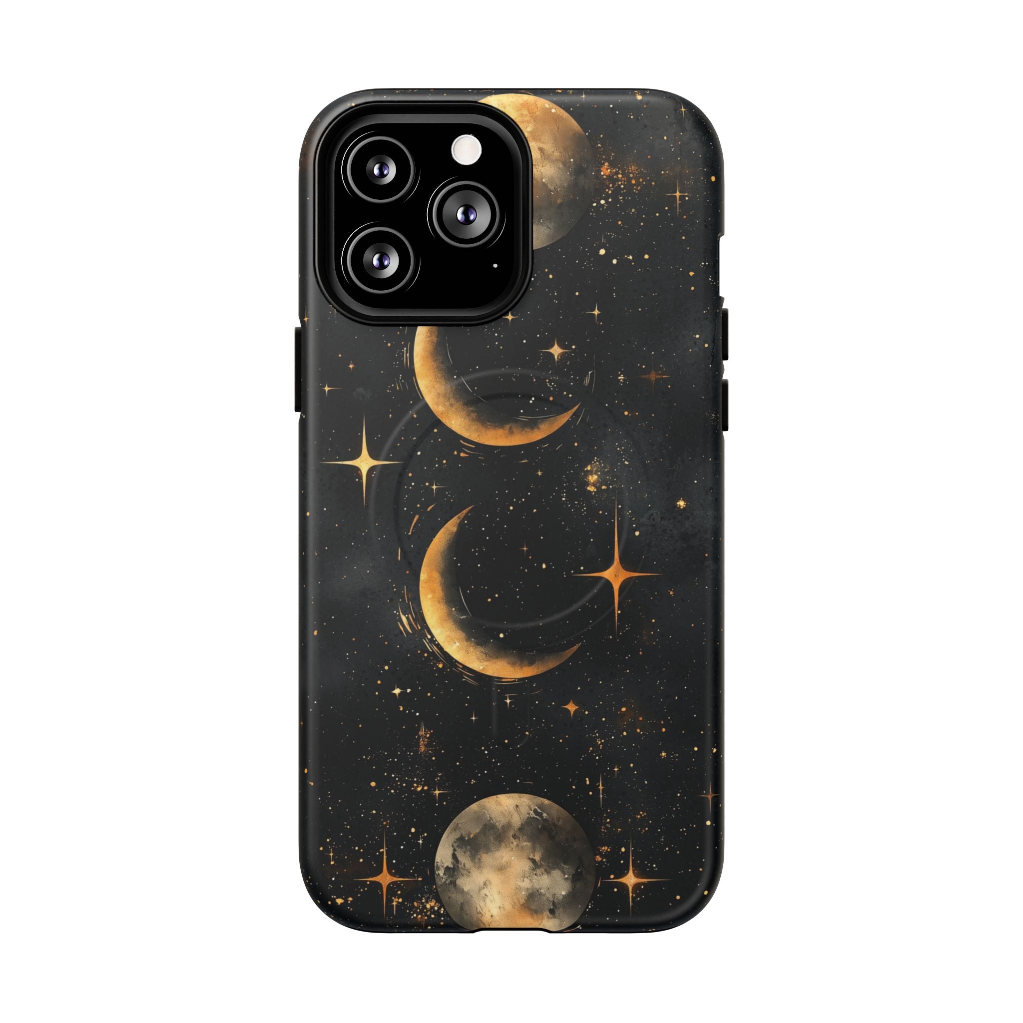 Custodia rigida MagSafe per iPhone con fasi lunari celestiali | Design a forma di galassia con mezzaluna dorata e luna piena
