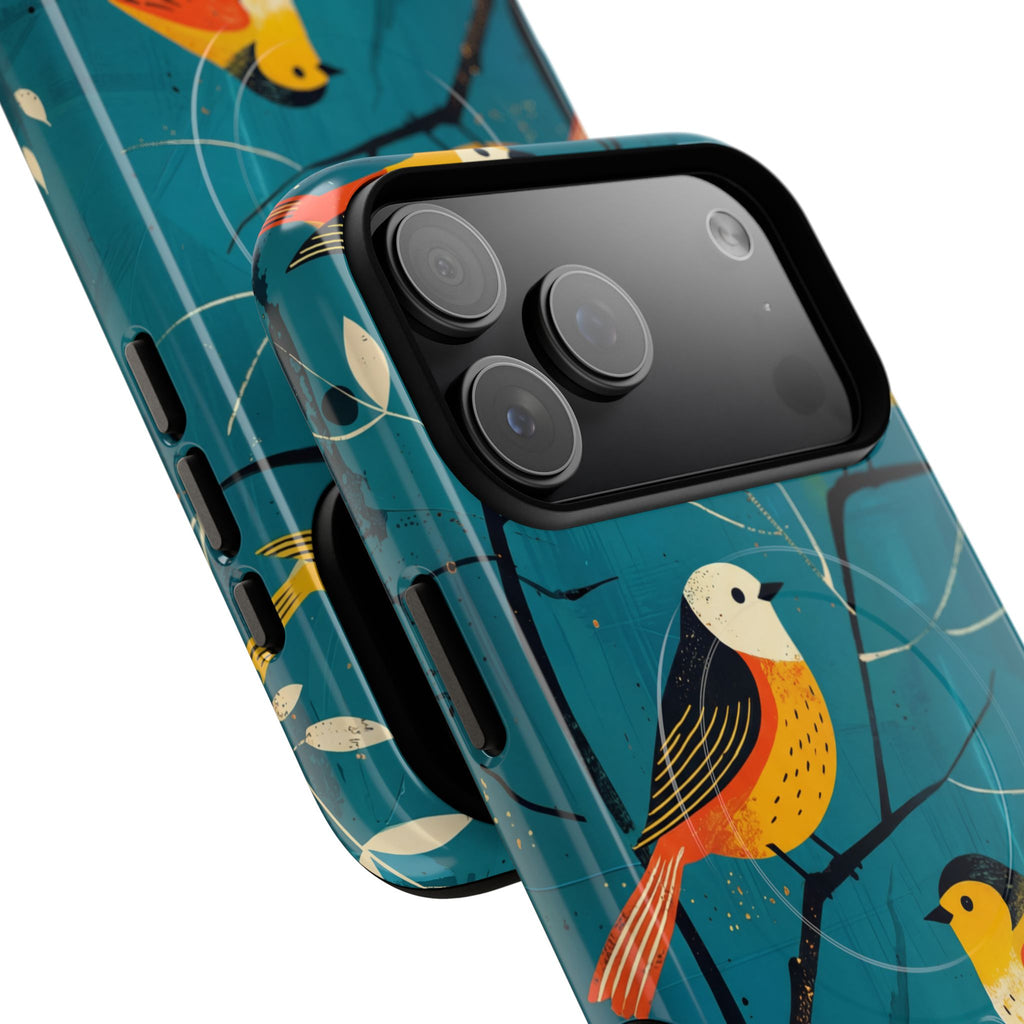 Bird Pattern Tough MagSafe iPhone Case | Colourful Songbirds on Teal Background