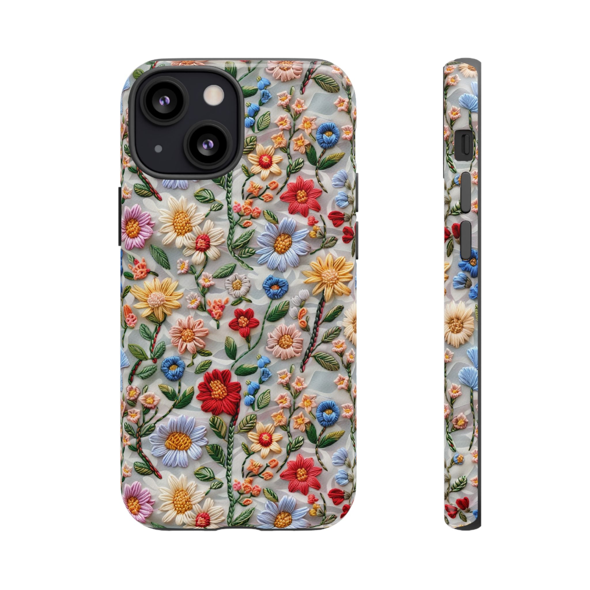 Floral Embroidered Pattern Tough iPhone Case — Colourful Daisy & Wildflower Design