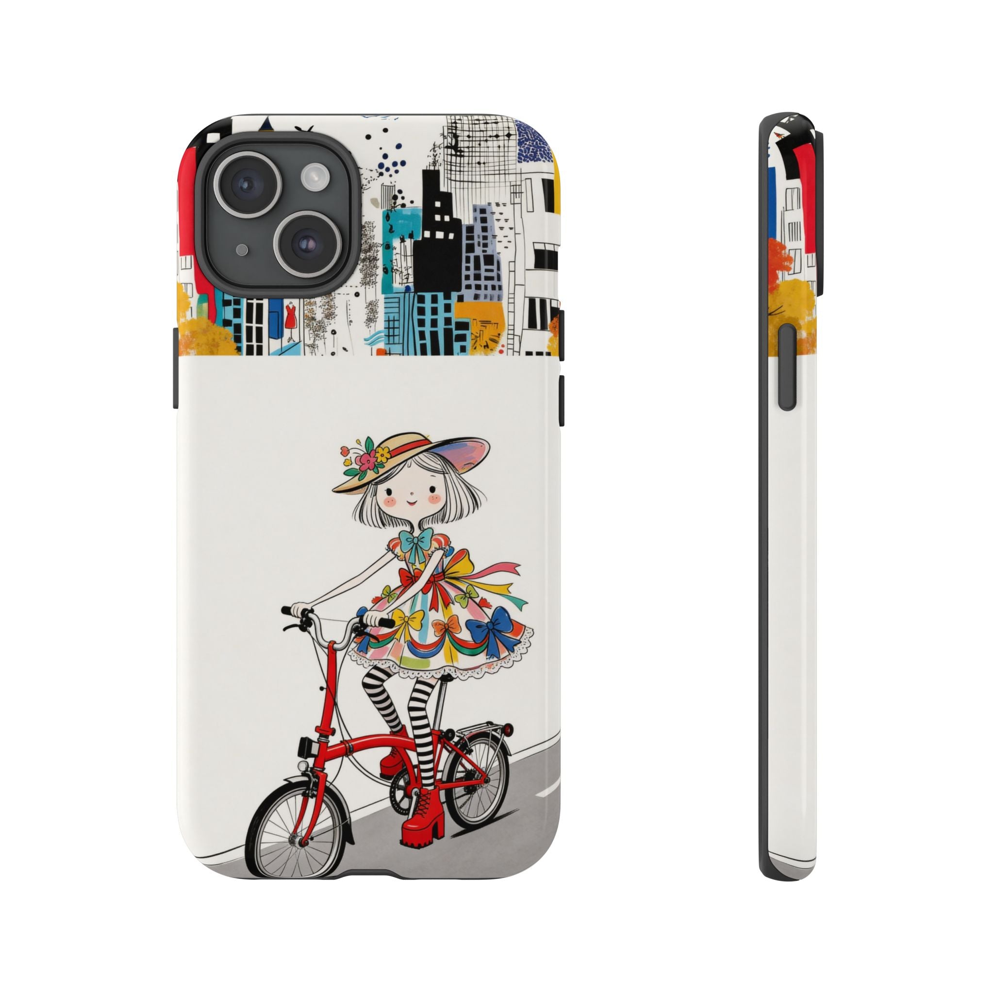 Whimsical Girl on Brompton Bicycle Urban Illustration iPhone Case