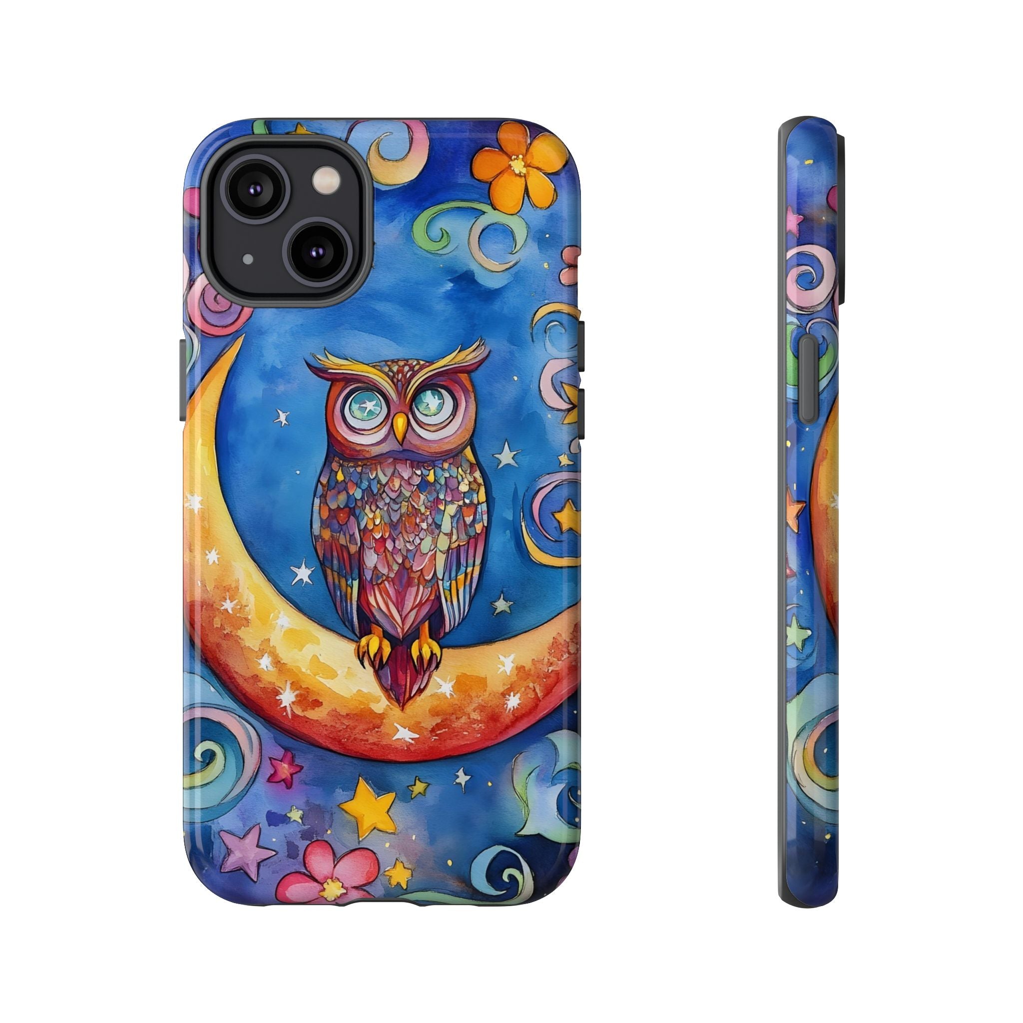 Owl on Crescent Moon iPhone Case — Colourful Whimsical Night Sky Design