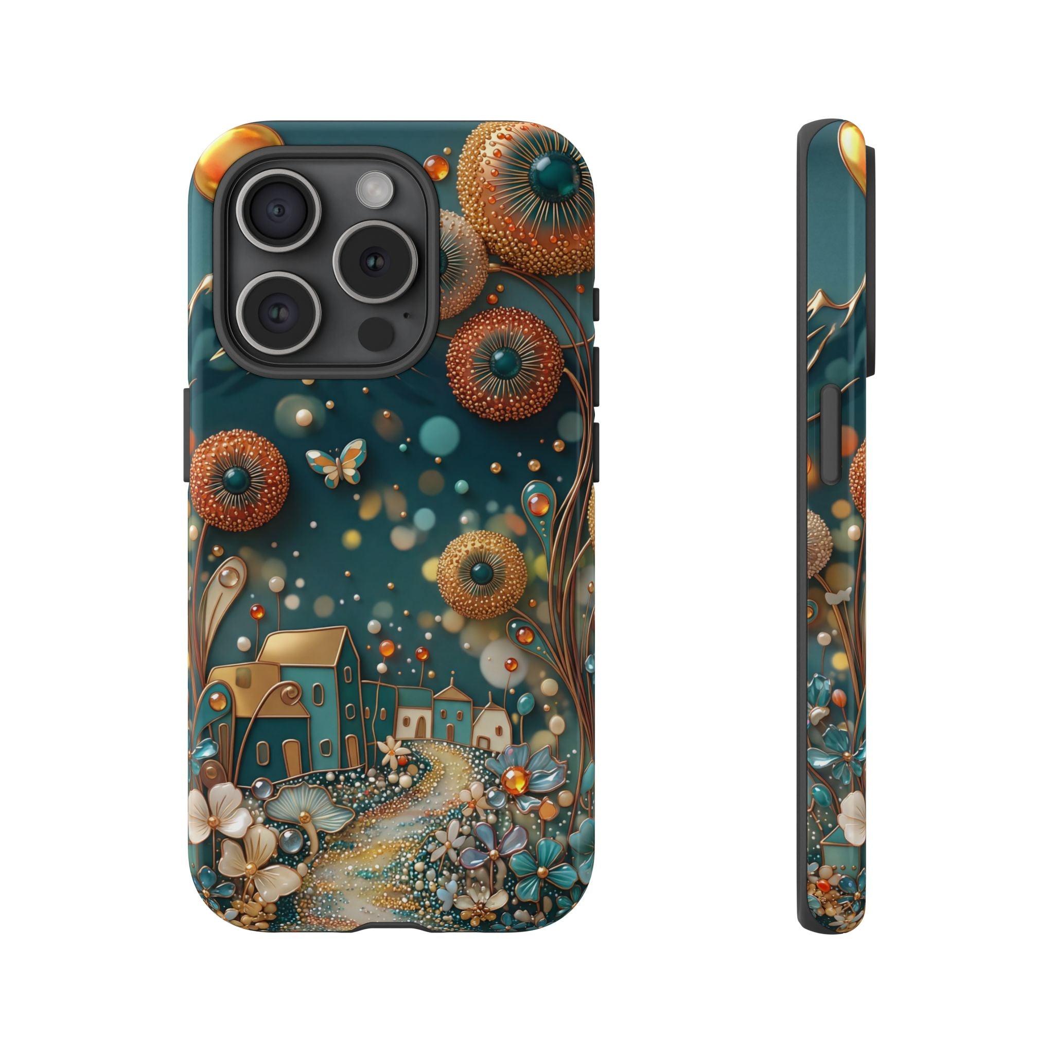 Whimsical Night Village iPhone Case | Floral Moonlit Art Tough Case