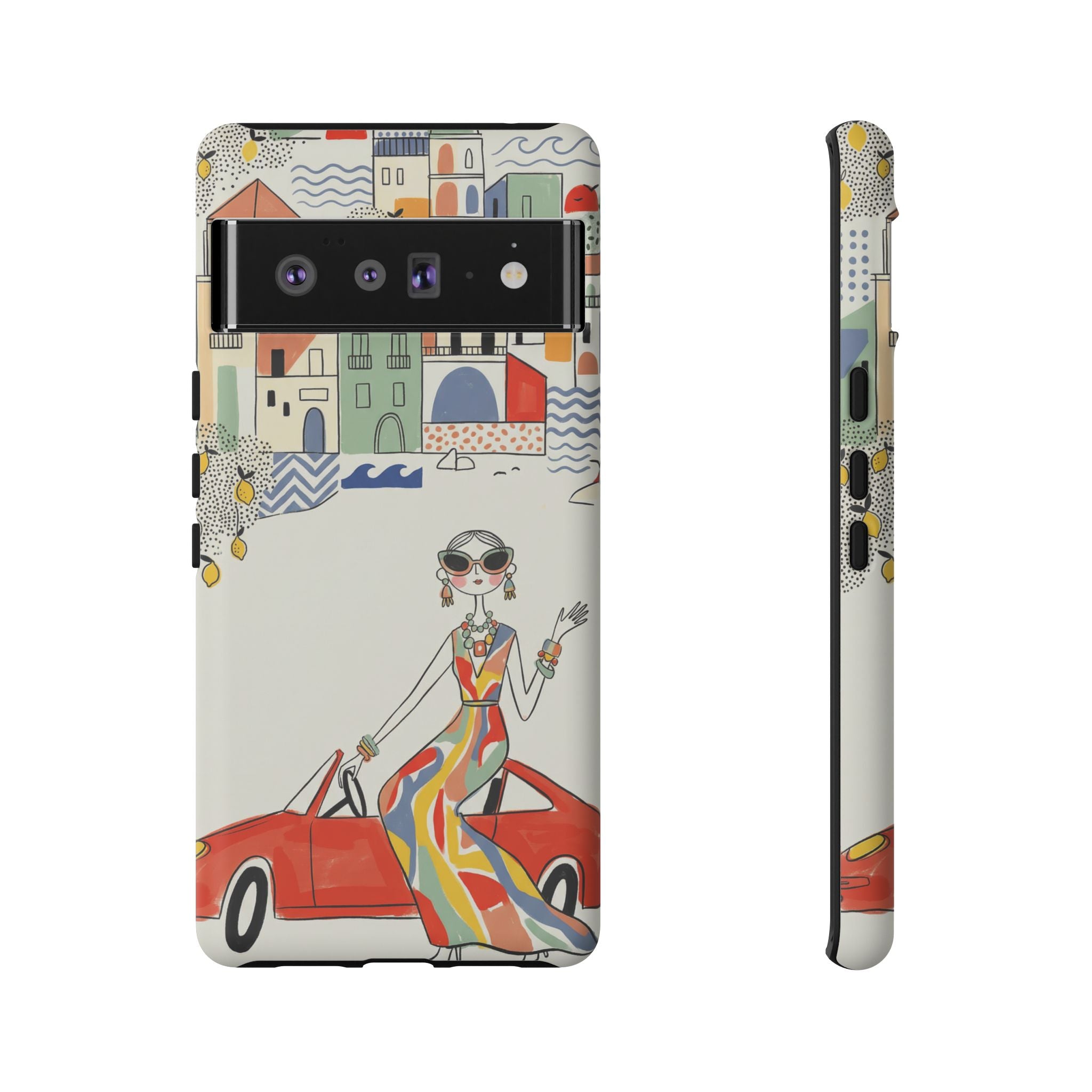 Stylish Riviera Google Pixel Phone Case | Chic Retro Woman in Convertible Design