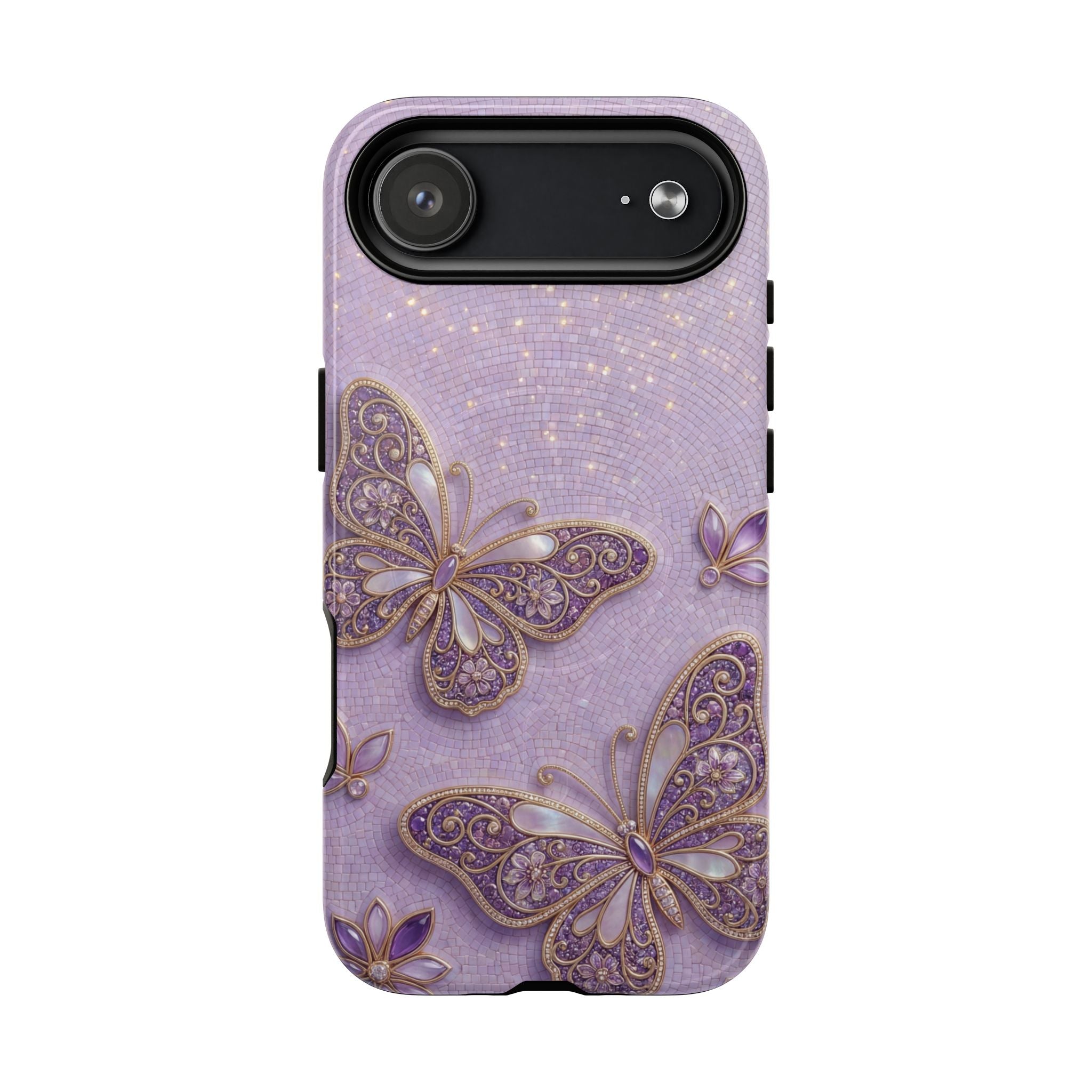 Purple Butterfly Tough MagSafe iPhone Case | Sparkling Floral Protective Cover