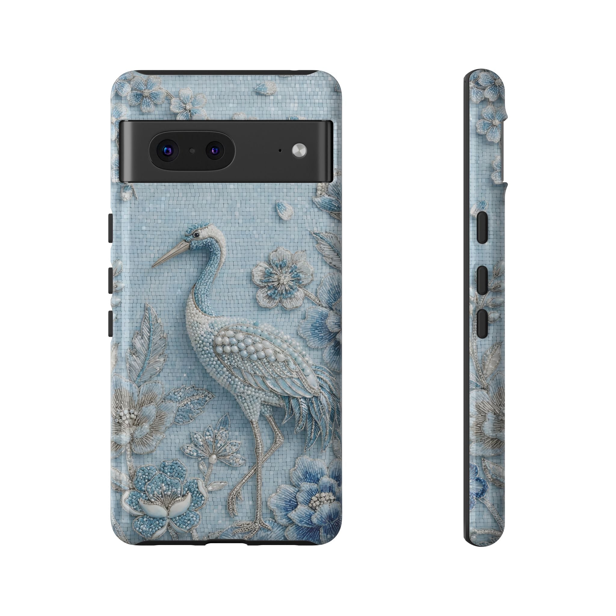 Blue Crane Floral Google Pixel Phone Case | Vintage Embossed Bird Design