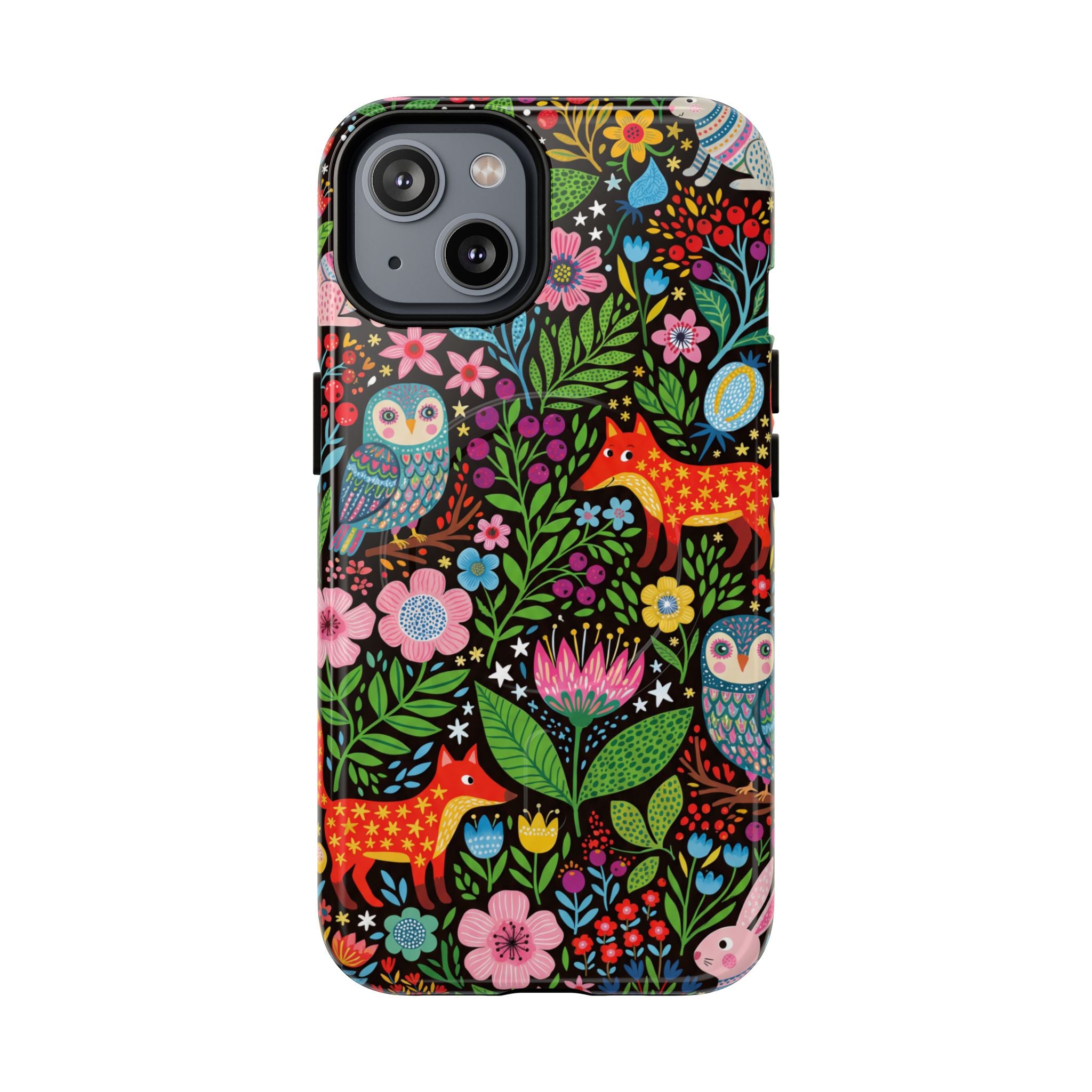 Floral Woodland MagSafe iPhone Case | Colourful Fox & Owl Protective Cover