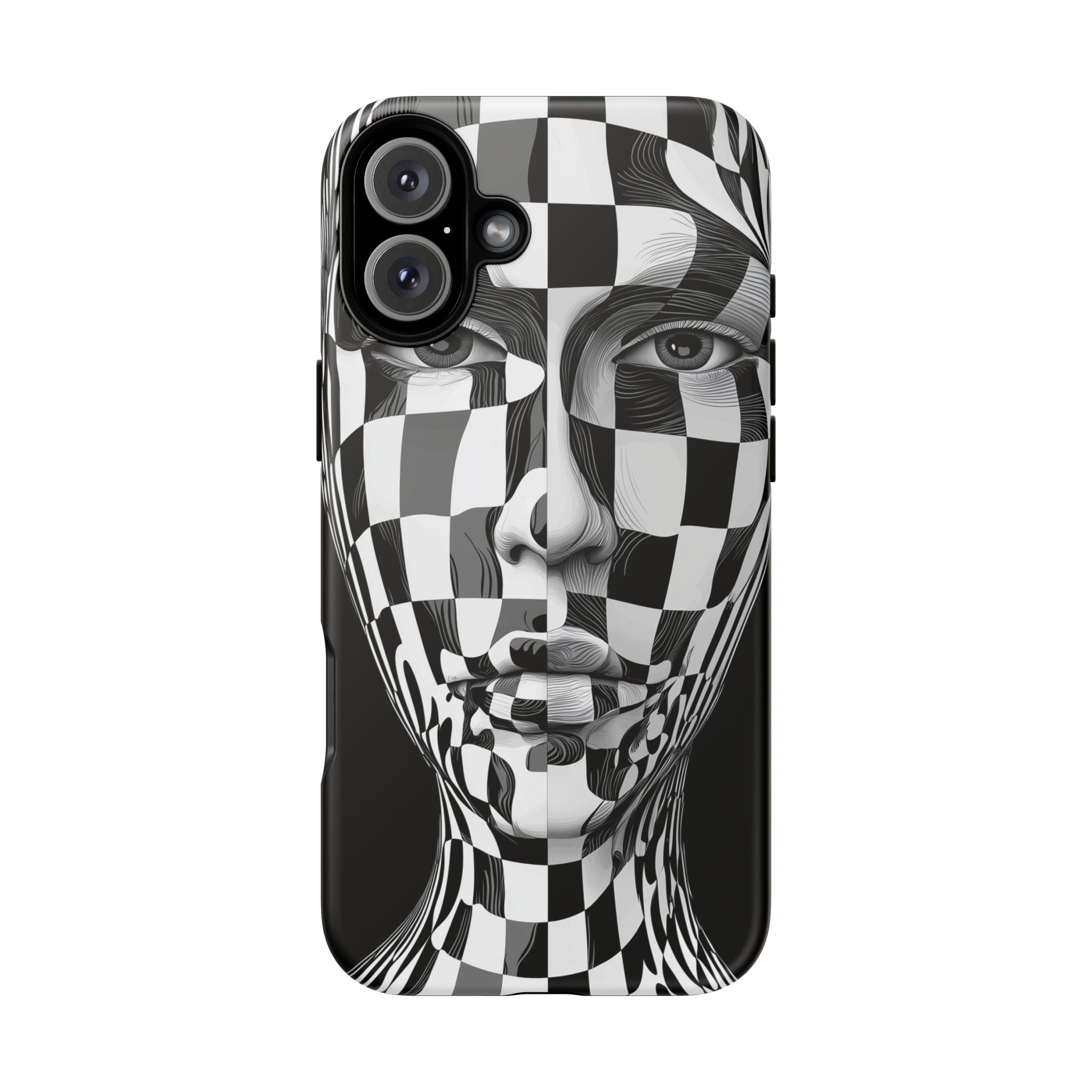 Checkerboard Face Tough iPhone Case — Black & White Surreal Art Protective Cover