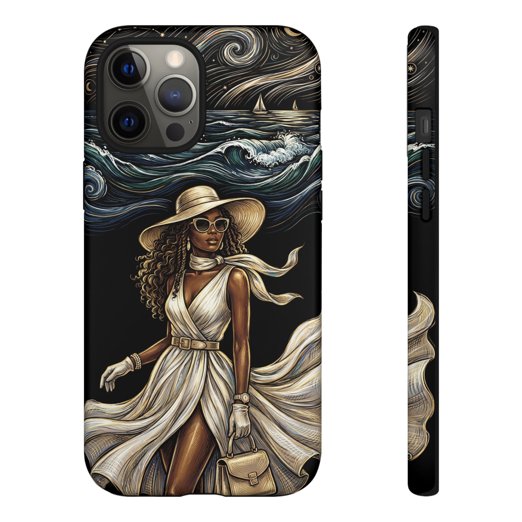 iPhone Case | Elegant Black Woman in Flowing Dress by the Sea