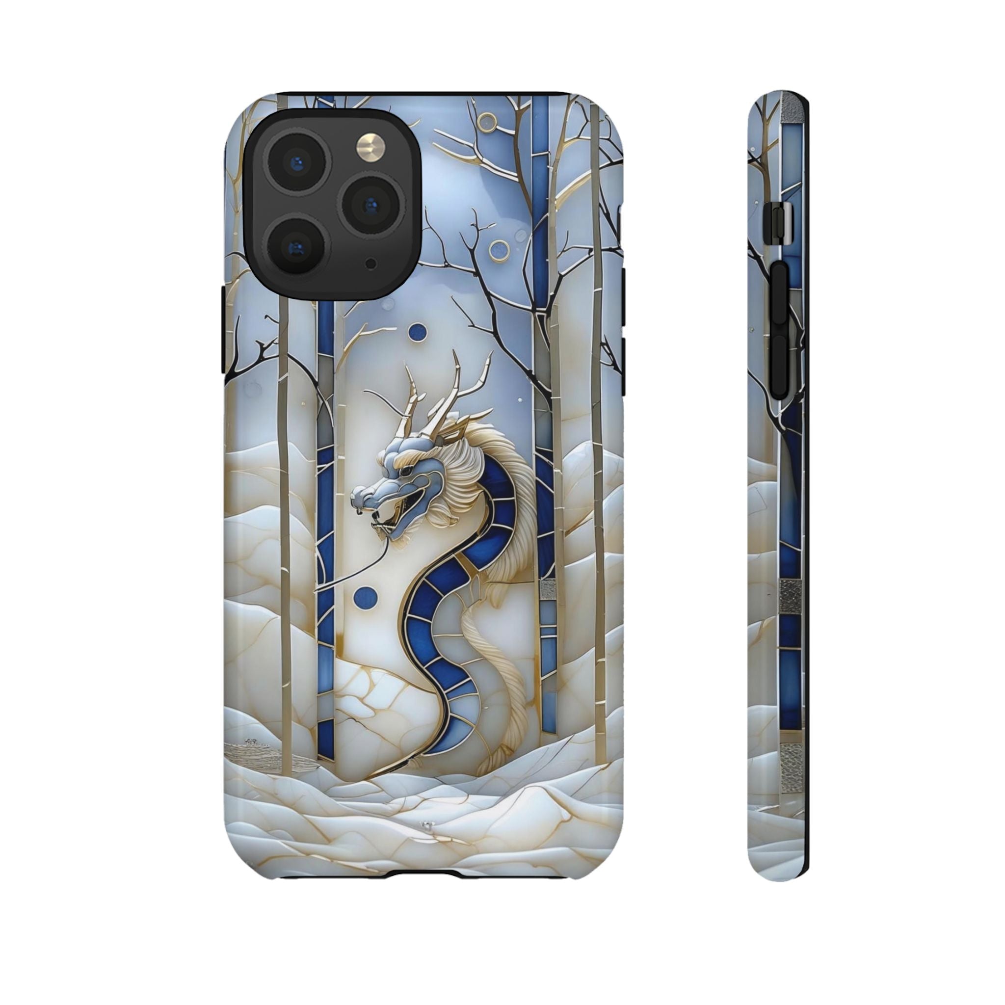 Dragon Stained Glass iPhone Case — Blue Winter Forest Protective Cover