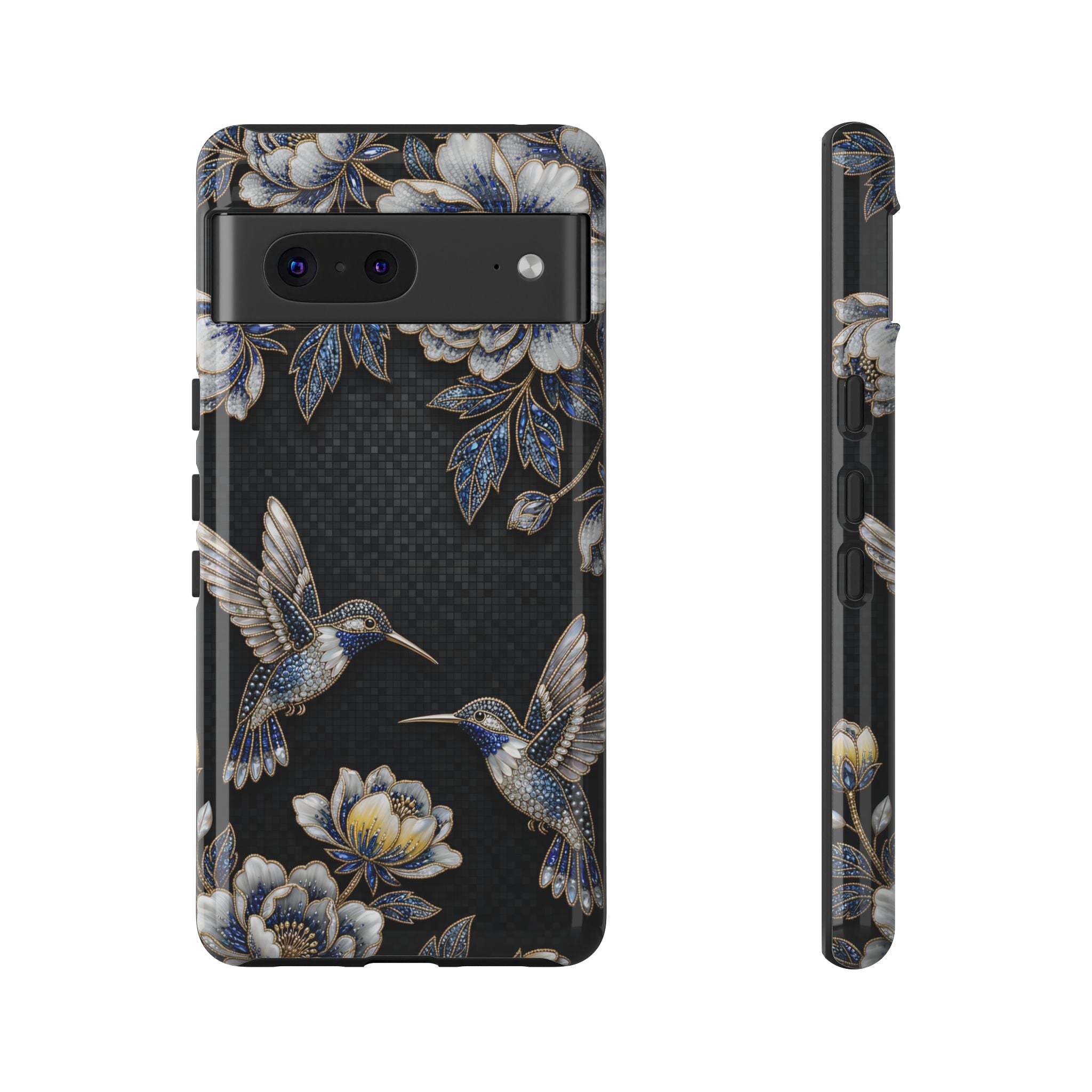 Hummingbird & Peony Floral Google Pixel Phone Case | Elegant Black Protective Cover